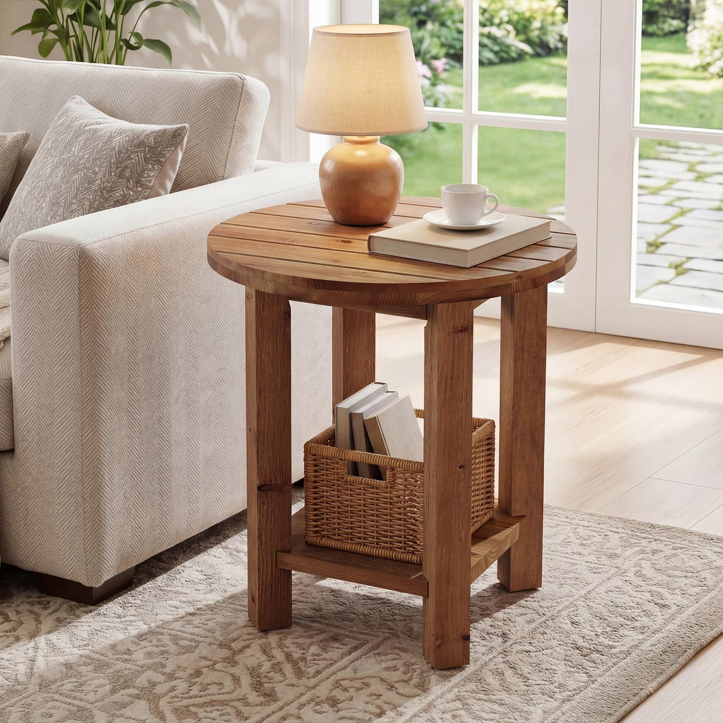 Round Side Table, 2-Tier Solid Wood End Table with Storage Shelf, Small Farmhouse Accent Table with Grooved Textured Tabletop for Living Room, Bedroom, Brown (1)