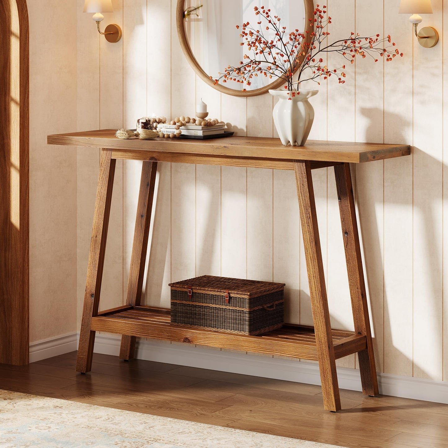 Solid Wood Console Table, 41.3" Rustic Entryway Table with Storage Shelf, 2 Tiers Narrow Skinny Couch Table Behind Sofa for Hallway, Entrance, Foyer, Living Room, Brown (Brown)