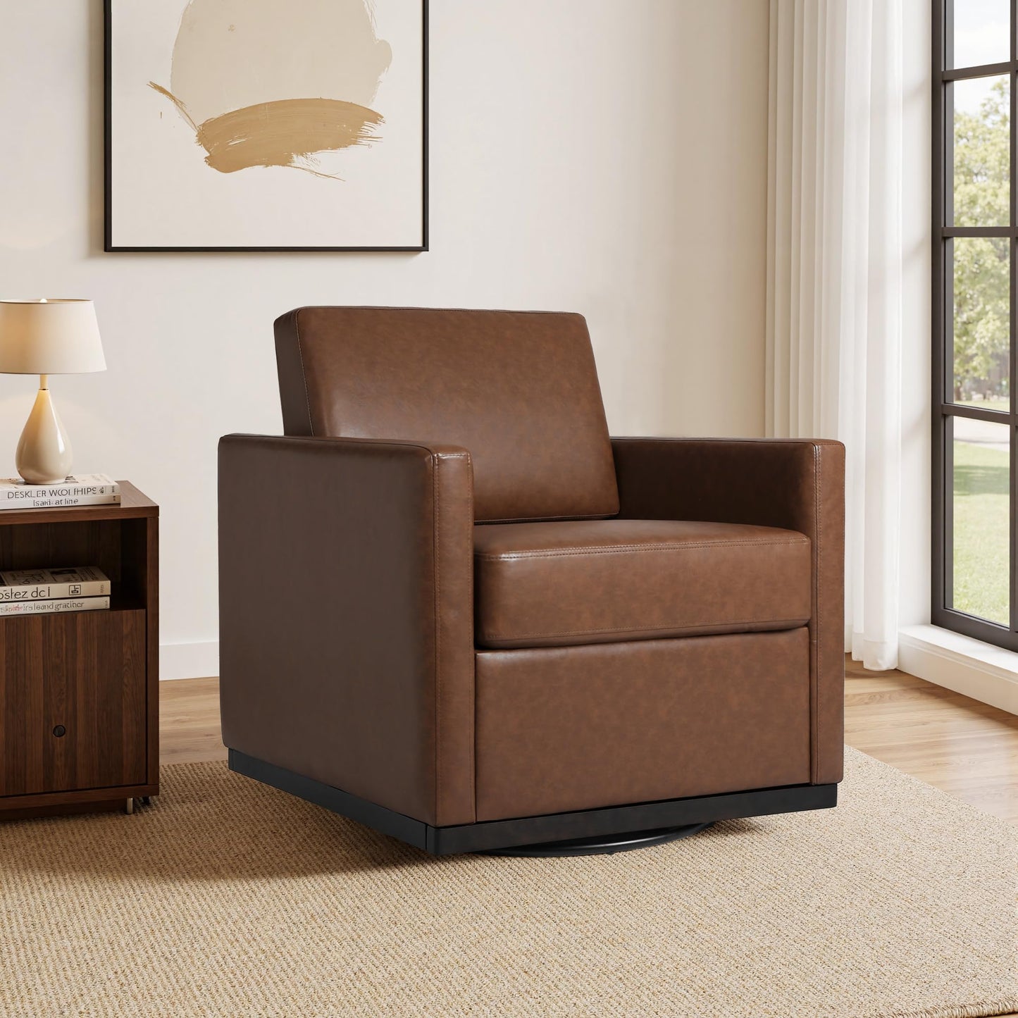 Faux Leather Swivel Accent Chairs Set of 2, 360° Swivel Upholstered Club Armchairs for Living Room, 31" Wide Square Single Sofa Reading Chair with Deep Seat, Metal Swivel Base, Navy