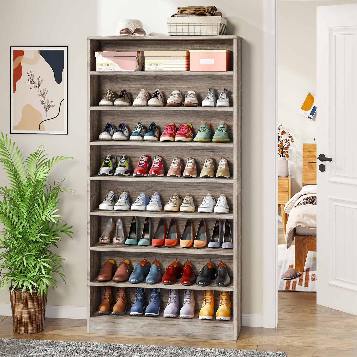Tribesigns Shoe Cabinet, 9 Tiers 40-45 Pairs Heavy Duty Wood Freestanding Shoe Storage Cabinet, 70.8'' Tall Shoe Cabinet with Open Storage for Entryway, White