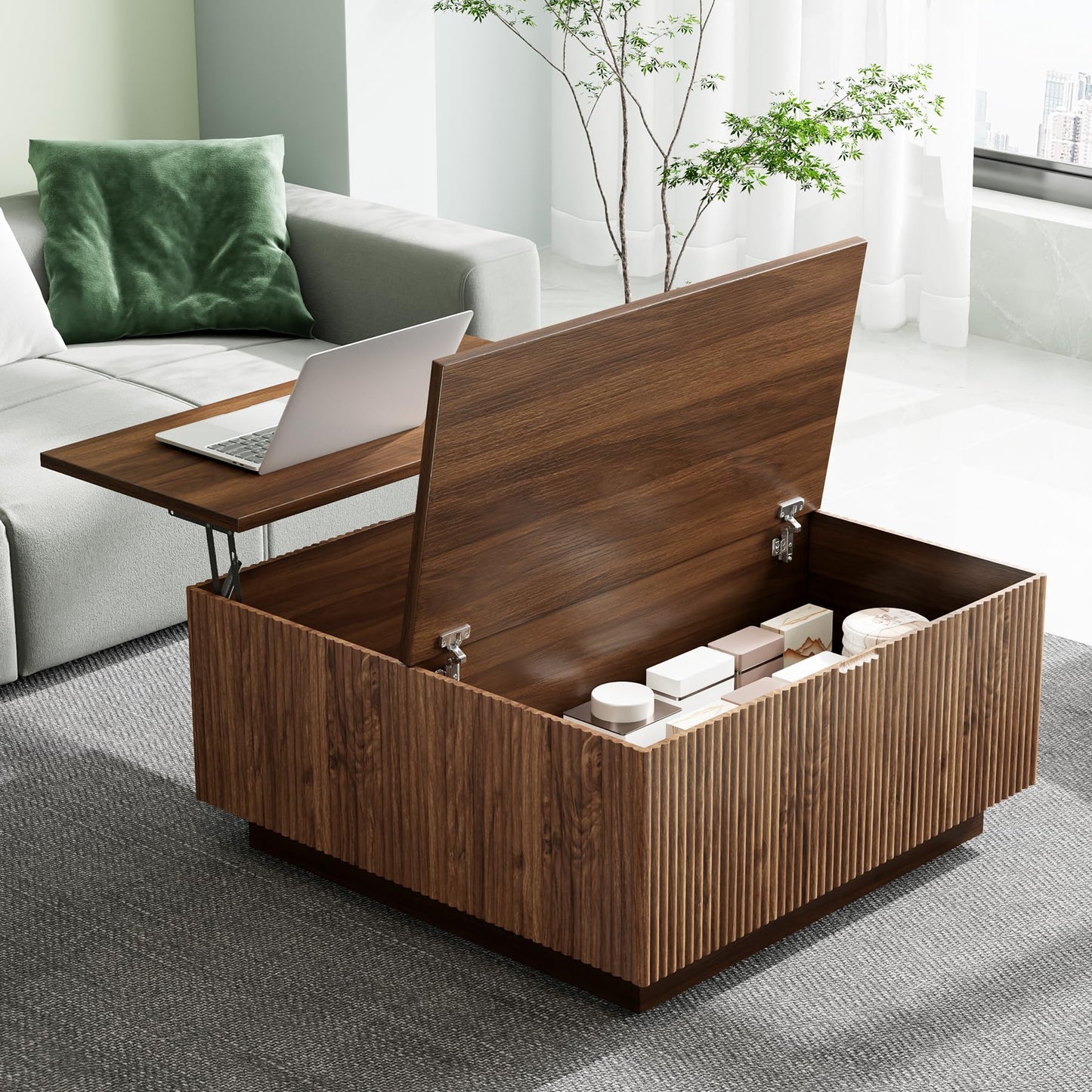 Epecoya Lift Top Coffee Table, Farmhouse Square Fluted Center Table, 31" Modern Wooden Tea Table with Hidden Storage for Living Room, Apartment, Small Spaces, Brown Walnut
