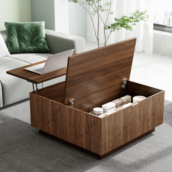 Epecoya Lift Top Coffee Table, Farmhouse Square Fluted Center Table, 31" Modern Wooden Tea Table with Hidden Storage for Living Room, Apartment, Small Spaces, Brown Walnut