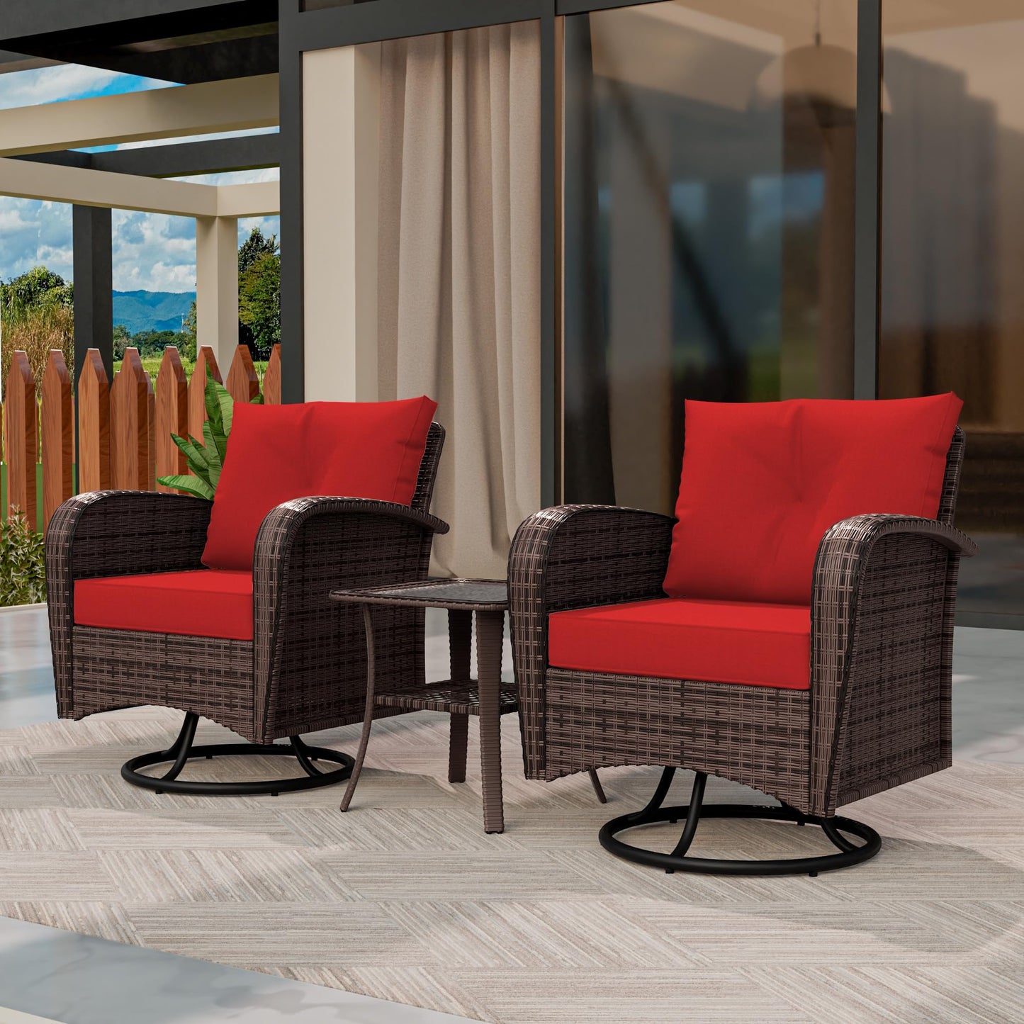 4 Piece Patio Conversation Set - 2 Swivel Chairs 1 Coffee Table 3-Seater Sofa, PE Wicker & Steel Patio Furniture with Heavy-Duty Steel Frame,Weatherproof Cushions, Red