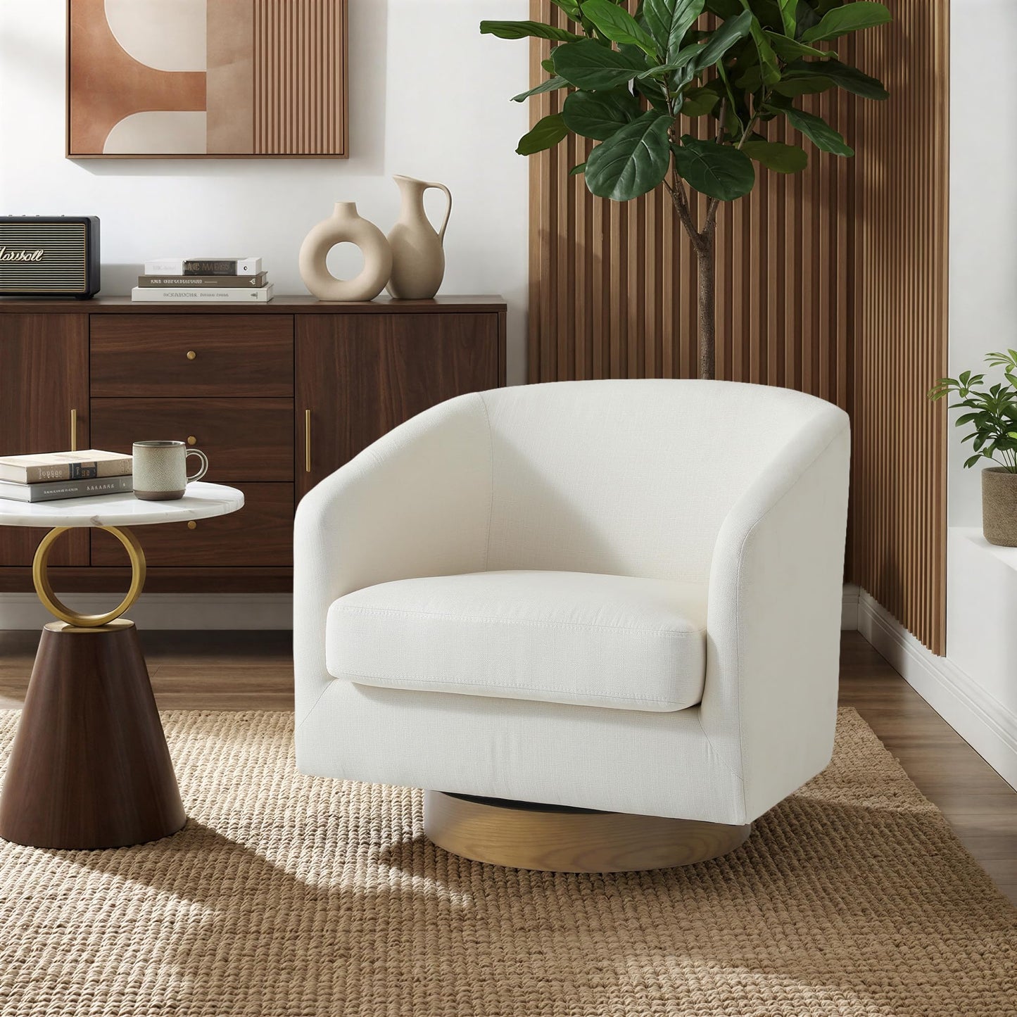 Swivel Barrel Chairs Set of 2, 31" W Modern Faux Leather Round Swivel Accent Chair for Living Room, 360° Rotation Upholstered Armchair Club Chair for Bedroom, Reading Room, Office (Brown)