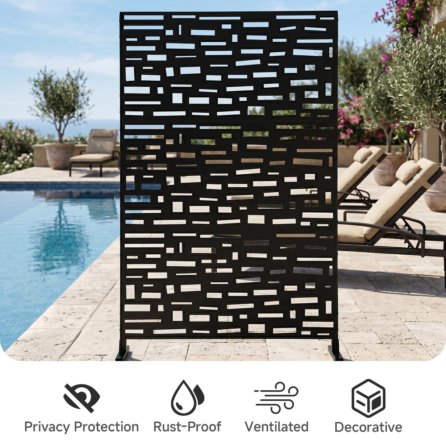 Outdoor Metal Privacy Screen with Stand, 72" H x 47" W Freestanding Outdoor Patio Divider, Decorative Patio Privacy Fence Panel for Garden Backyard Balcony Porch (Brown-Crossbanding)