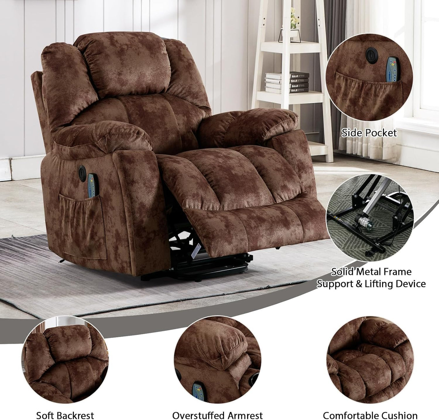 IOMOR Large Power Lift Recliner with Massage and Heat for Elderly, Electric Reclining Chair with USB Port, 2 Hidden Cup Holders, Side Pockets (1, Brown)