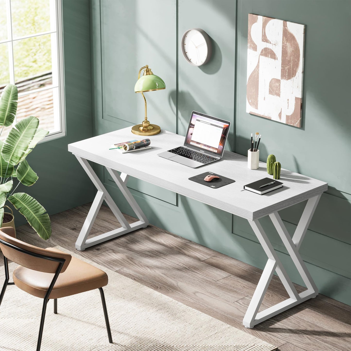 Tribesigns Modern Walnut/White 55" Heavy Duty Computer Desk, Study & Work Desk, 23.6"D x 55.1"W x 29.5"H, Z-Shaped Metal Legs, 330 lbs Capacity