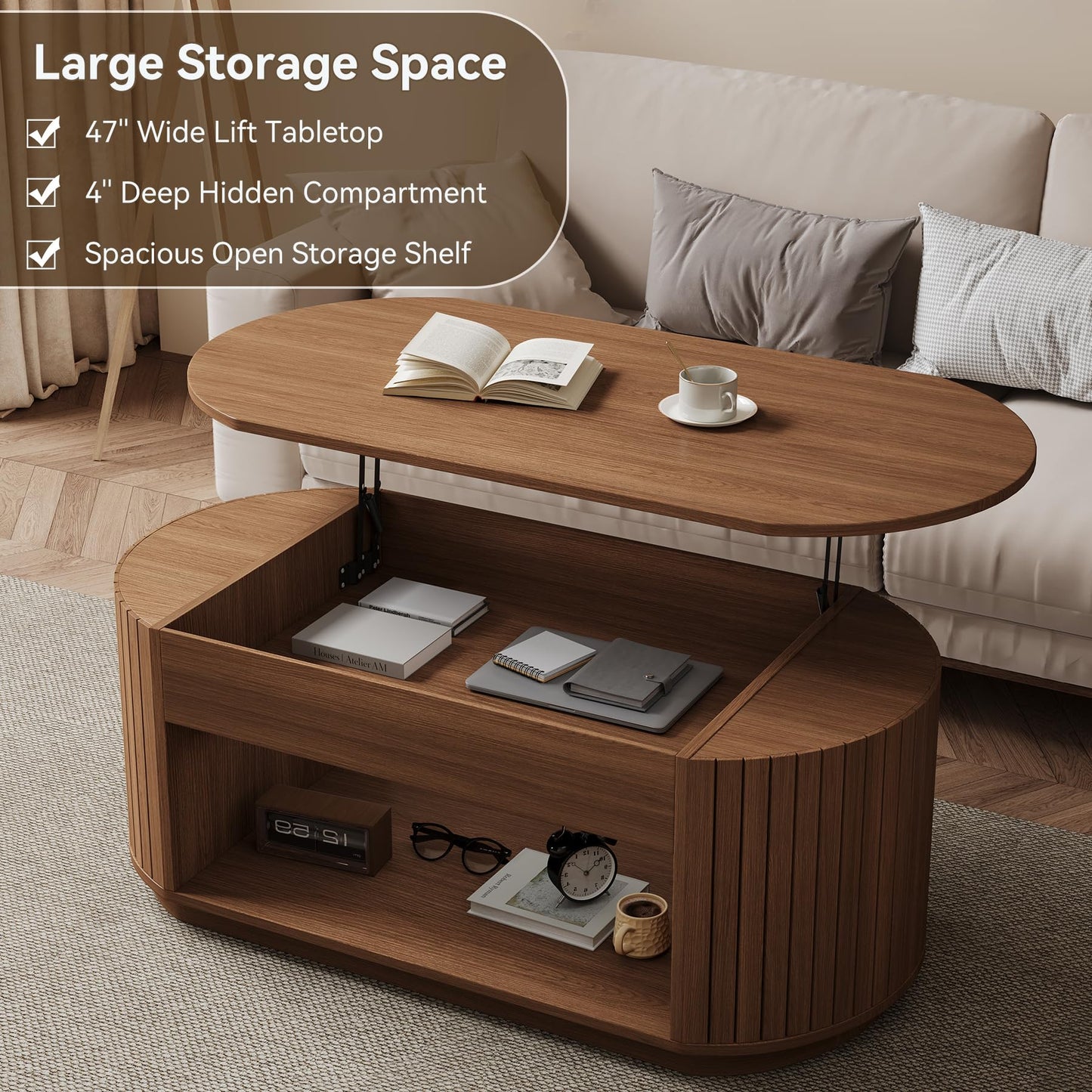 Epecoya 47 Inch Lift Top Coffee Table with Storage for Living Room, 2-Tier Rustic Lift Up Tabletop Mid Century Center Tables with Hidden Compartment for Apartment, Dark Walnut Brown