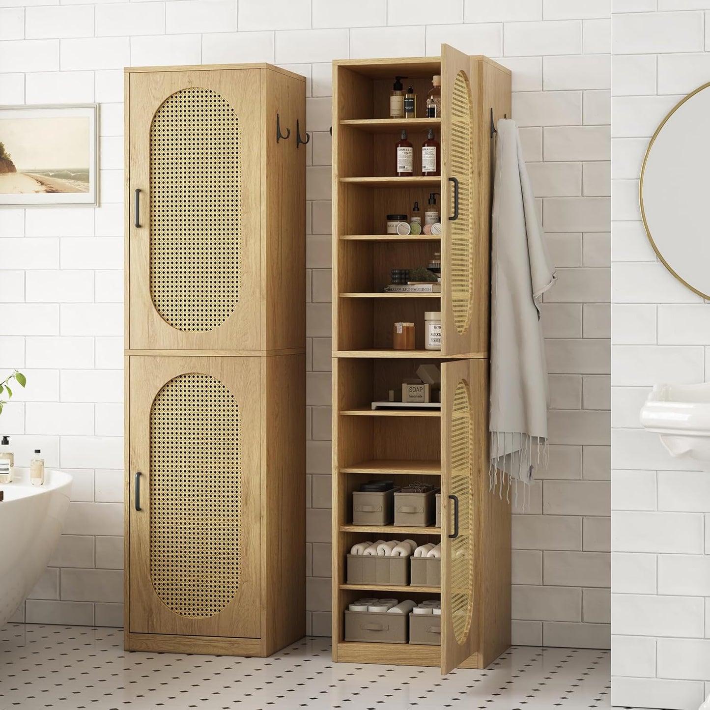 Epecoya Tall Bathroom Storage Cabinet with Rattan Doors for Toilet, 66-Inch Narrow Bath Room Organizer Space-Saving Floor Cabinets with Adjustable Shelves and 4 Hooks for Restroom, Small Spaces, Brown