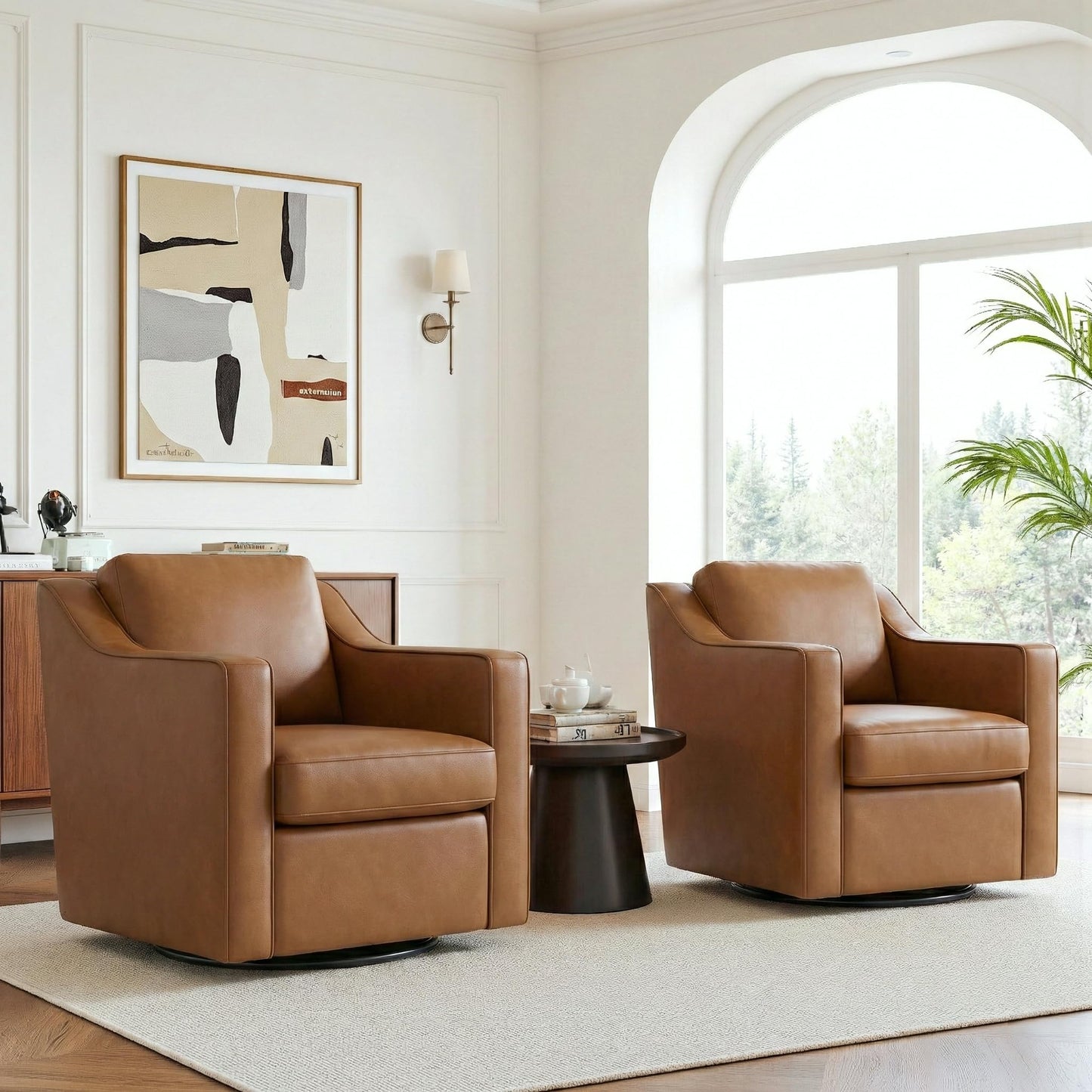 Swivel Accent Chairs Set of 2, 360° Swivel Upholstered Faux Leather Club Armchairs for Living Room, Comfy Single Sofa Reading Chair with Deep Seat, Metal Swivel Base, Coffee