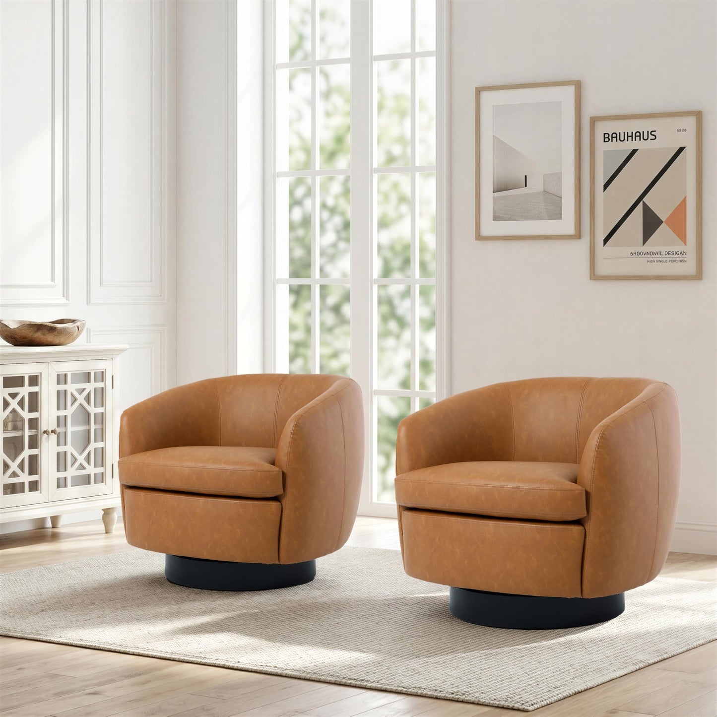 Faux Leather Swivel Barrel Chair, Modern Round Swivel Accent Chair with 360° Rotation, Upholstered Armchair Club Chair for Living Room Bedroom Office (Light Brown)
