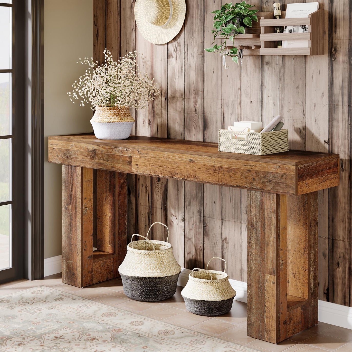 Tribesigns Farmhouse Console Table, 63-Inch Long Narrow Sofa Table Behind The Couch, Wooden Rectangular Entryway Table for Entrance, Hallway, Living Room (Natural)