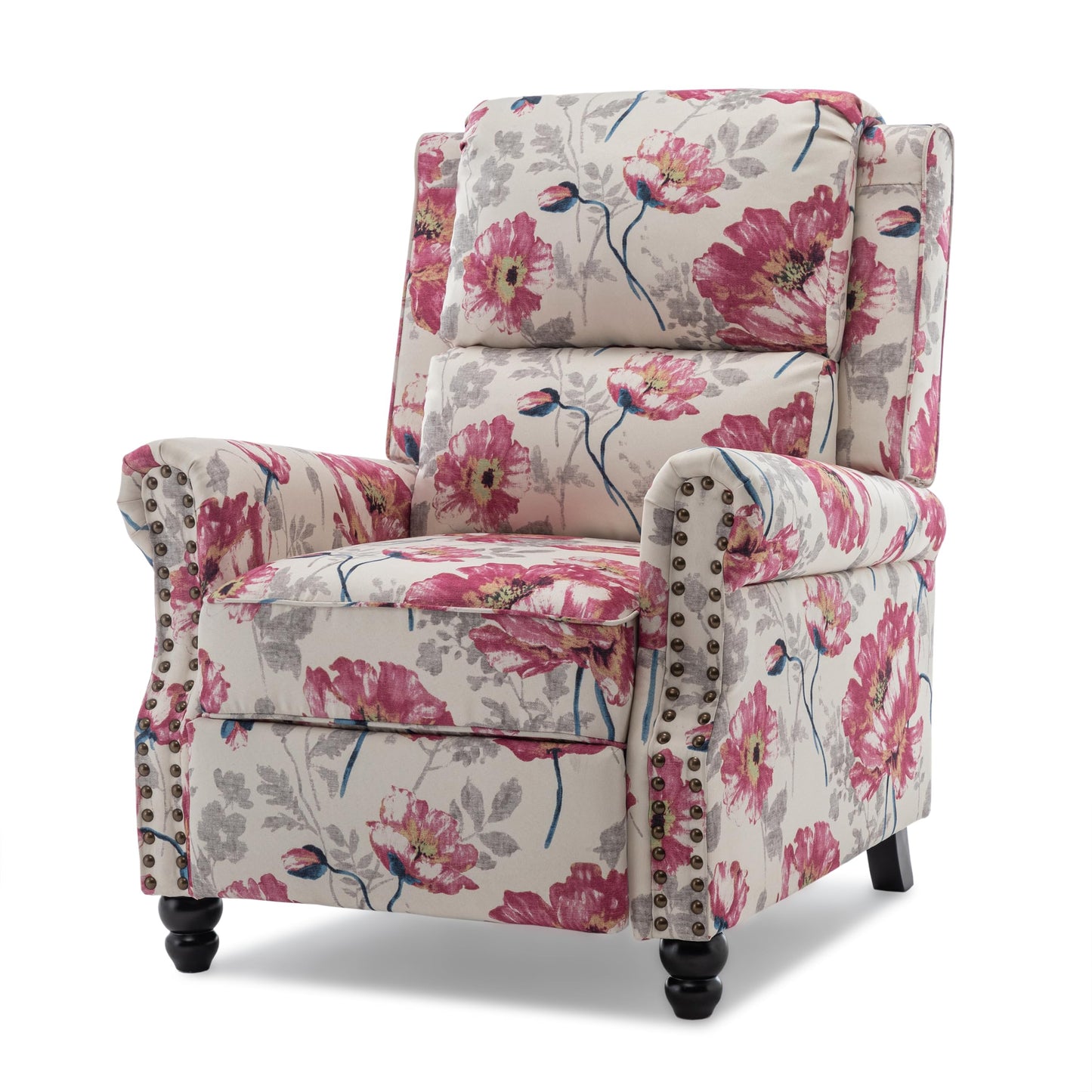Pushback Recliner Chairs Set of 2, Comfy Fabric Wingback Recliner Chair, Upholstered Armchair Push Back Recliner with Wood Legs, Rivet Trim Accent Chair for Living Room, Bedroom, Blue Stripe