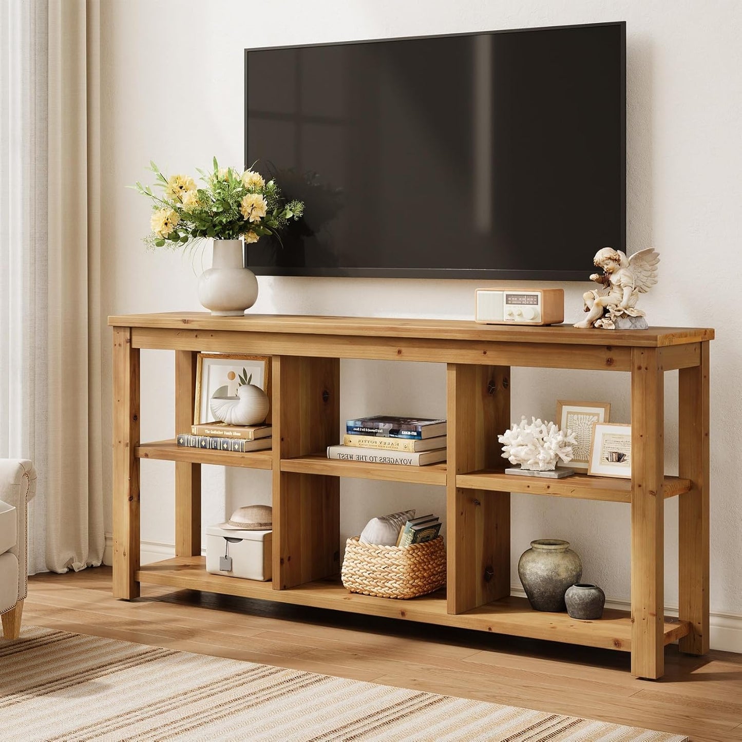 63-Inch Solid Wood Console Table for Entryway, 3-Tier Long Farmhouse Sofa Table with 6 Storage Cubes for Living Room, Hallway, Brown