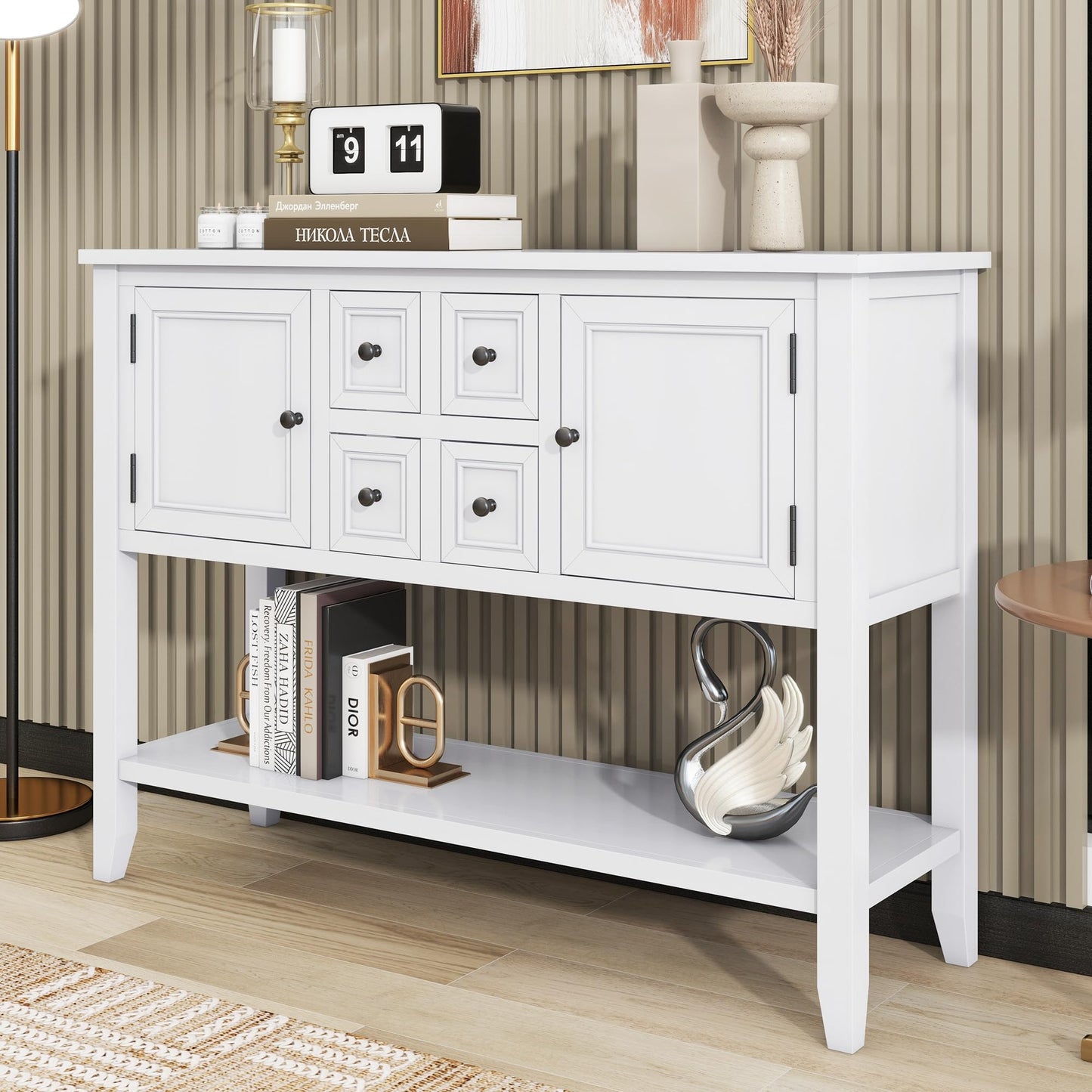LKTART Farmhouse Sideboard Buffet Cabinet,Solid Wood Sideboard with Storage Drawers and Bottom Shelf,Coffee Bar for Entryway Hallway Foyer,Easy Assembled (46.5" Brown