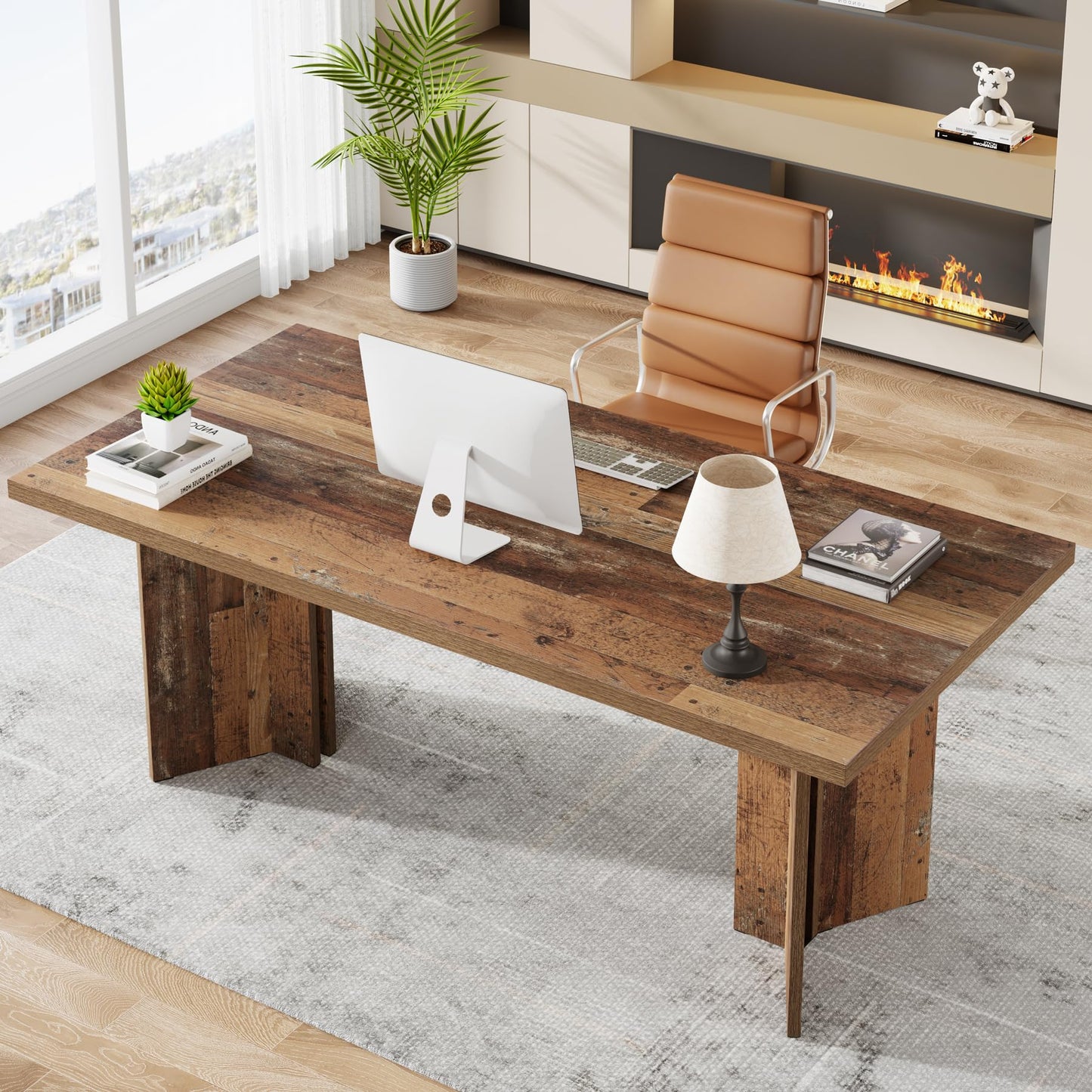 Tribesigns 63-inch Executive Desk, Vintage Home Office Computer Desk with Large Tabletop, Farmhouse Wood Writing Conference Table Workstation for Office, Study, Walnut Brown