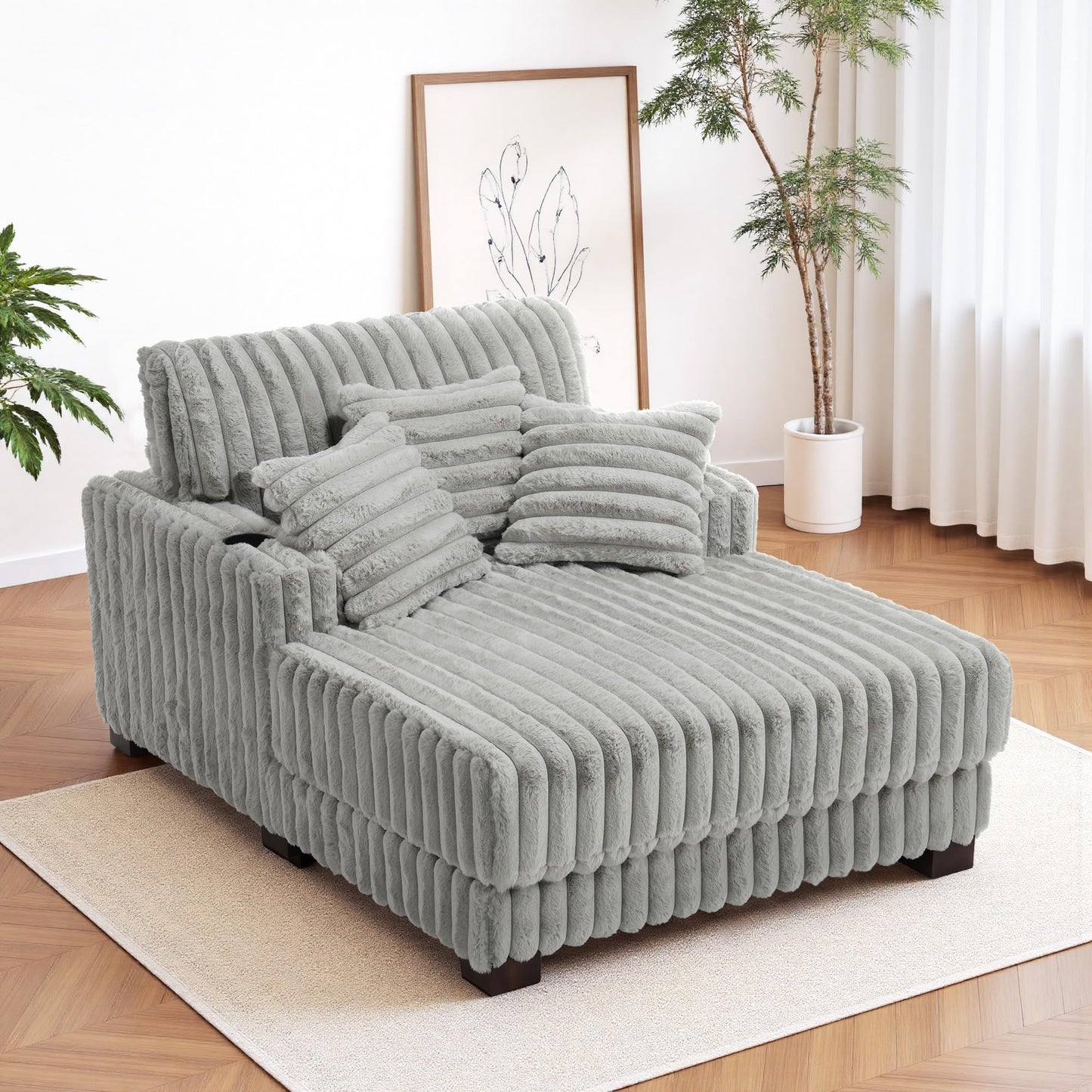 59" Chaise Lounge Chair Indoor, Upholstered Oversized Sleeper Sofa Bed Reading Chairs with 3 Soft Pillows & 2 Cup Holders, Comfy Cloud Deep Seat Sofa for Living Room Bedroom, Set of 2, Navy