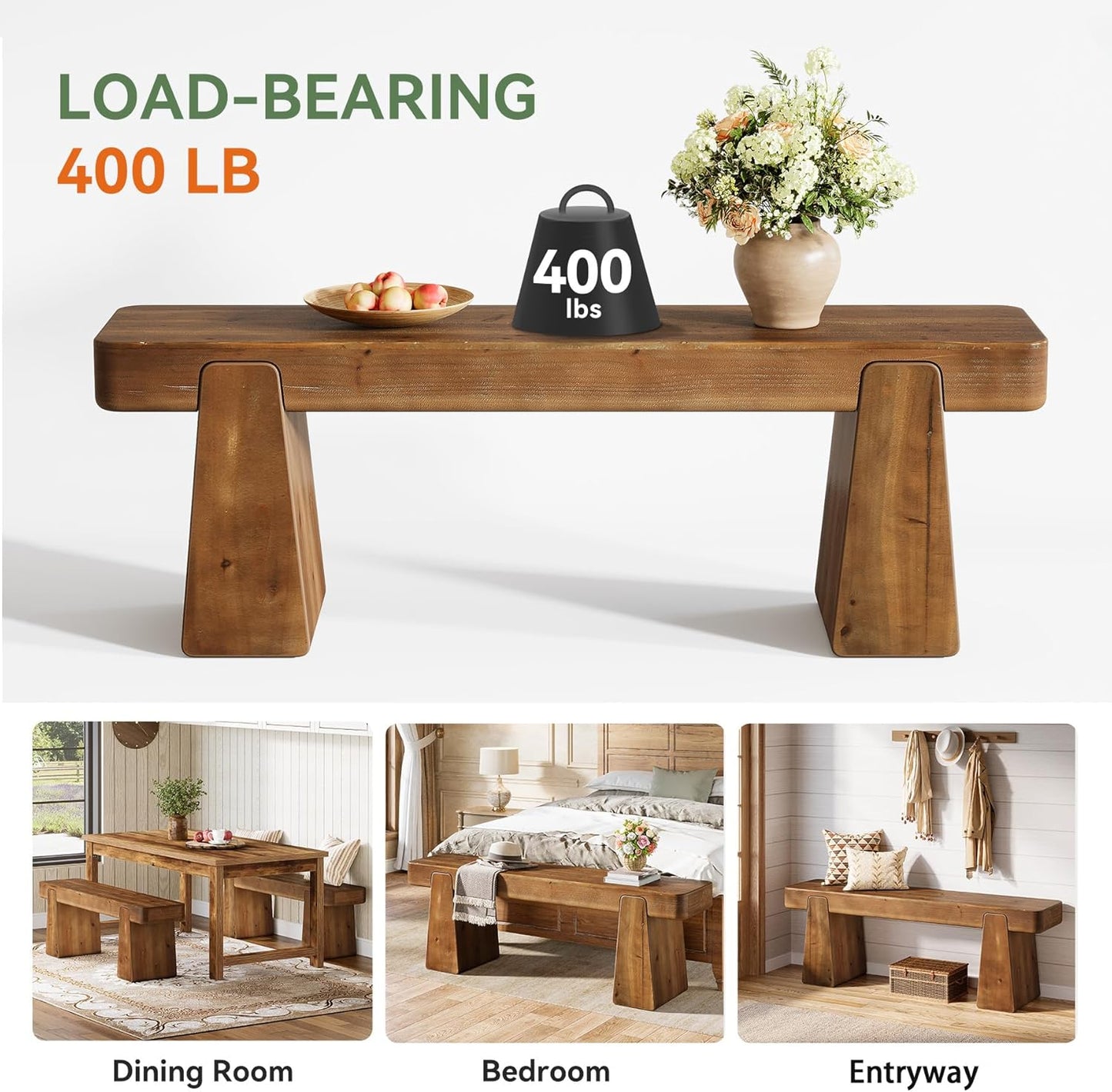 Solid Wood Bench, 47-Inch Farmhouse Wood Entryway Bench with Thickened Legs, Narrow Indoor Wooden Bench for Entry, Hallway, Living Room, End of Bed, Dark Brown