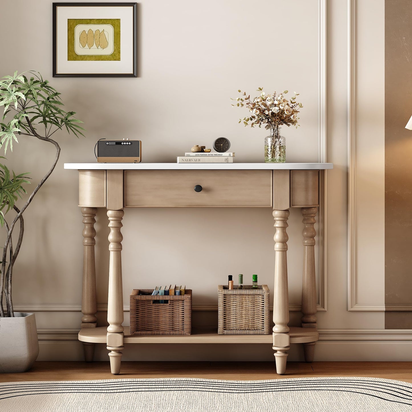 LKTART Small Solid Wood Sofa Table,Console Table with Drawers and Bottom Shelf, Entryway Hallway Foyer Entry Table for Living Room(23.7" Natural)