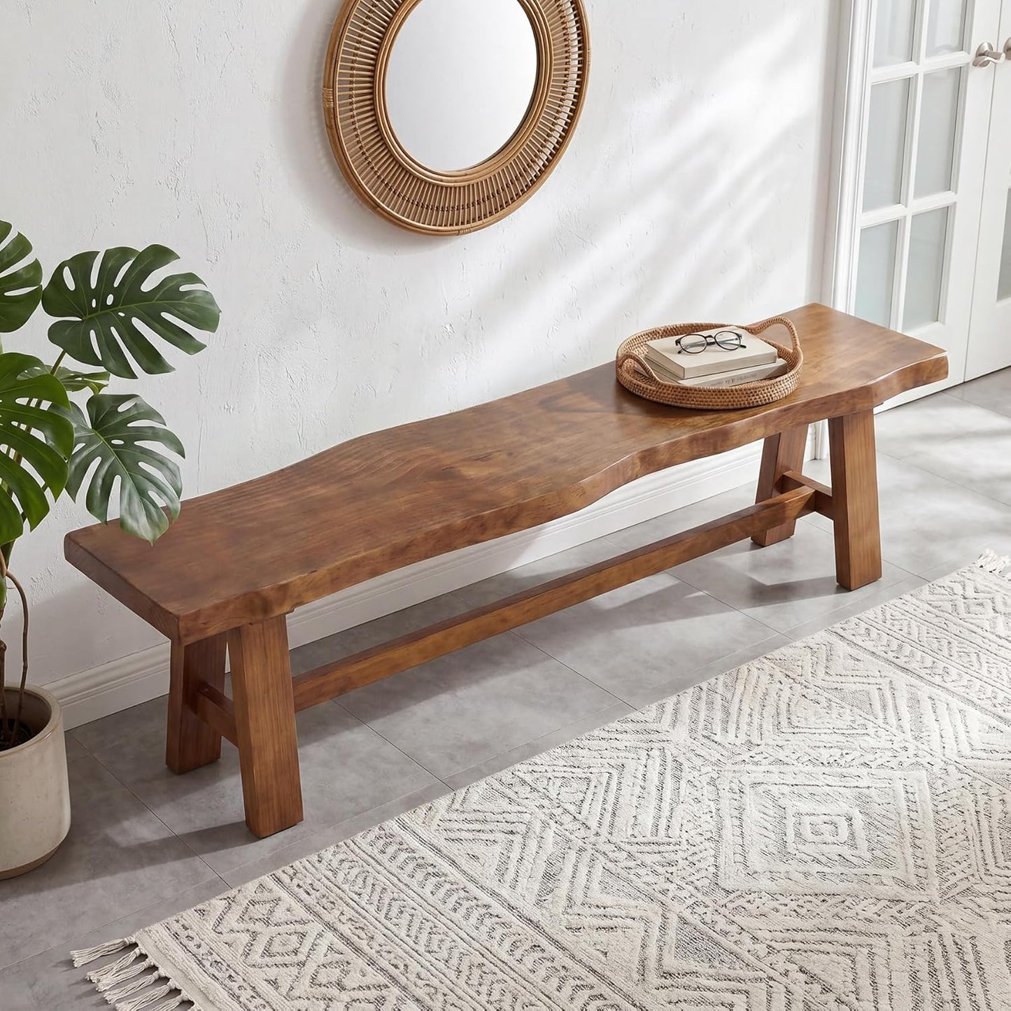 Solid Wood Entryway Bench, 63" Long Bed Bench with Angled Legs, Farmhouse Seating Benches for Entryway, Bedroom, Dining Room, Living Room, Rustic Brown