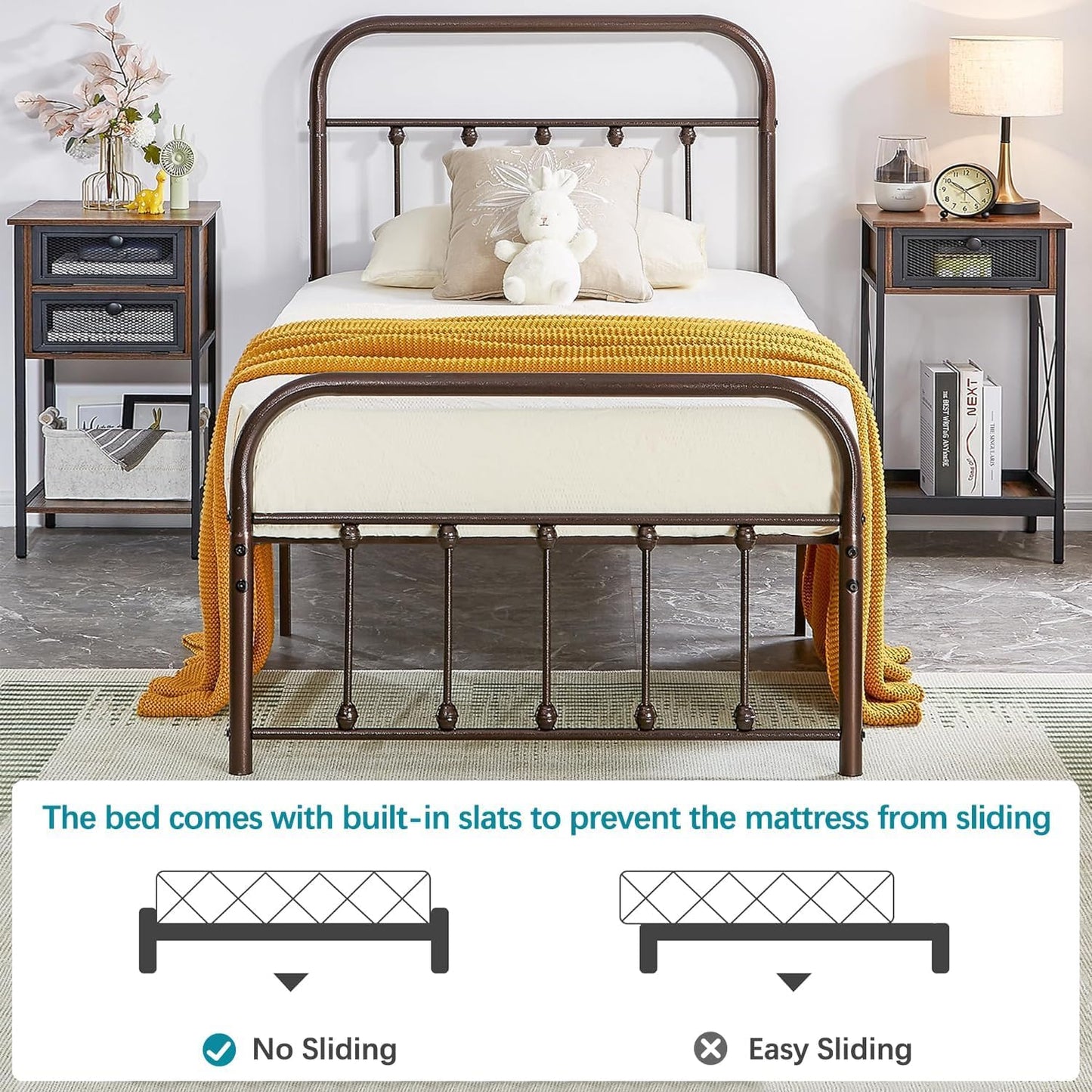 VECELO King Size Victorian Style Metal Bed Frame with Headboard/Mattress Foundation/No Box Spring Needed/Under Bed Storage and Strong Slat Support Purple Bronze