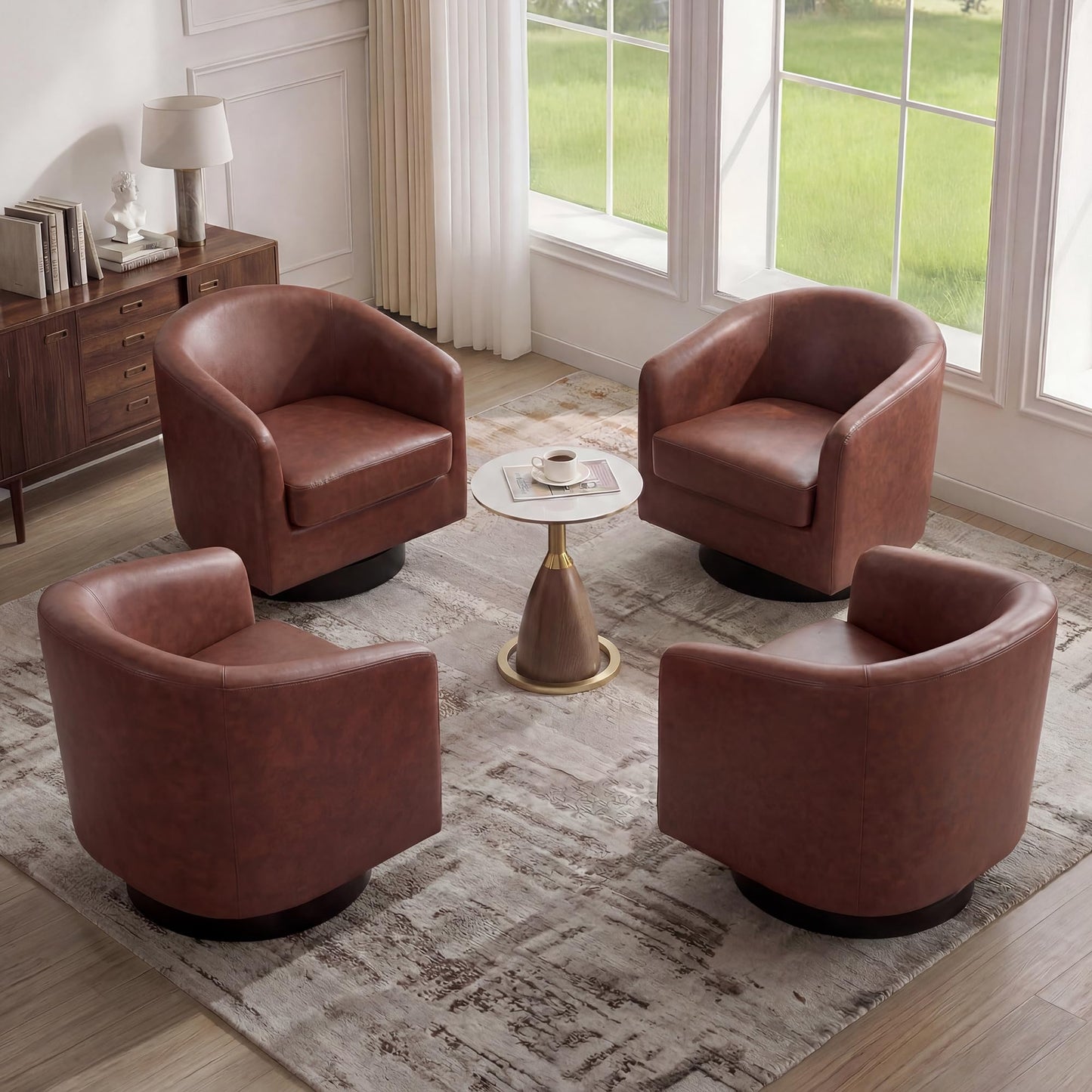 Swivel Barrel Chairs Set of 2, 31" W Modern Faux Leather Round Swivel Accent Chair for Living Room, 360° Rotation Upholstered Armchair Club Chair for Bedroom, Reading Room, Office (Brown)