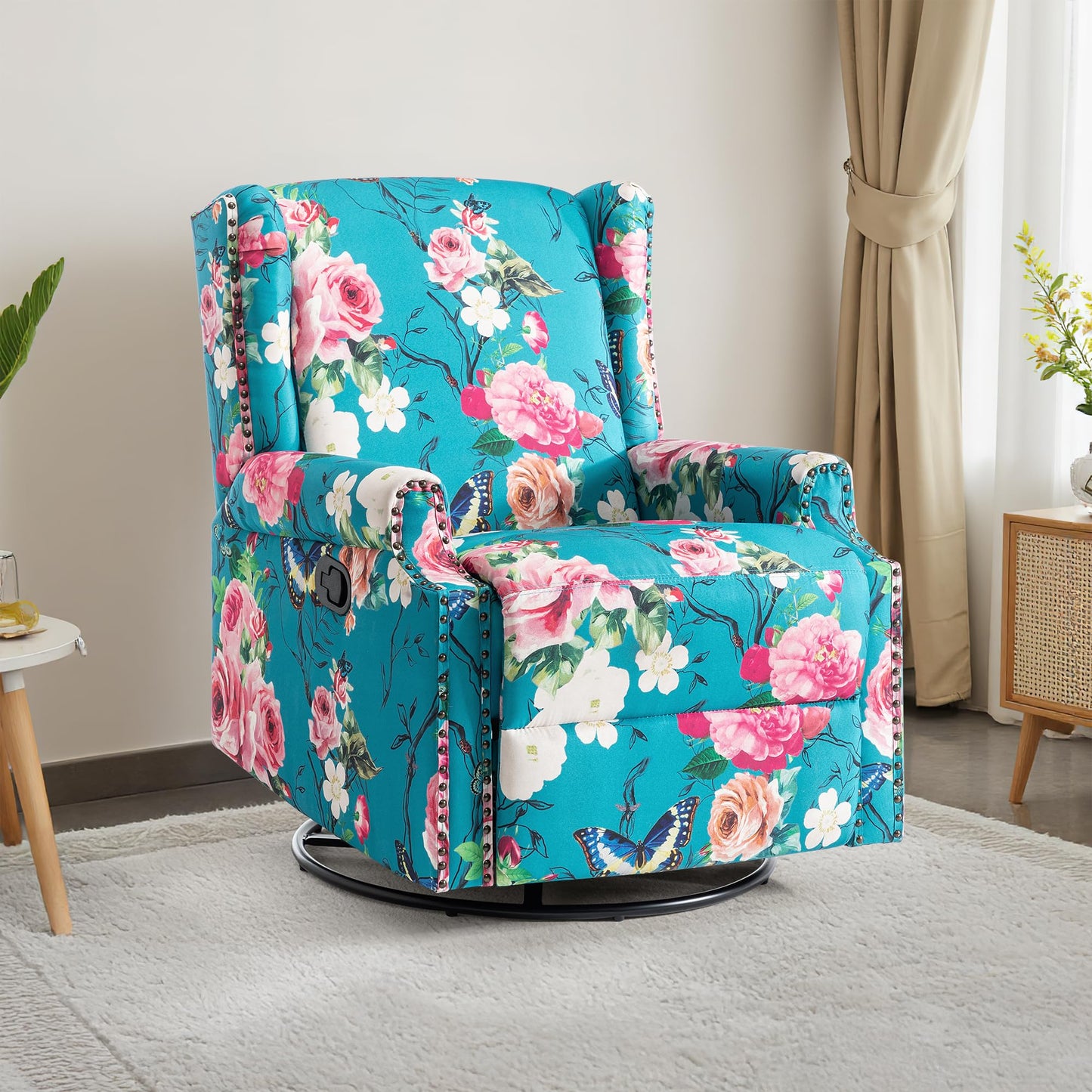 Swivel Rocker Recliner Chair, 360° Swivel Wingback Recliner Chairs for Adults, Upholstered Printed Fabric Glider Rocking Chair with High Back, Deep Seat for Living Romm Bedroom, Bird