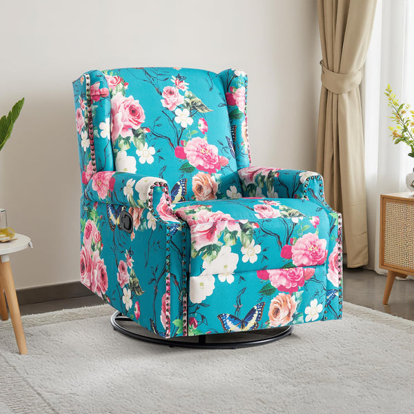 Swivel Rocker Recliner Chair, 360° Swivel Wingback Recliner Chairs for Adults, Upholstered Printed Fabric Glider Rocking Chair with High Back, Deep Seat for Living Romm Bedroom, Bird