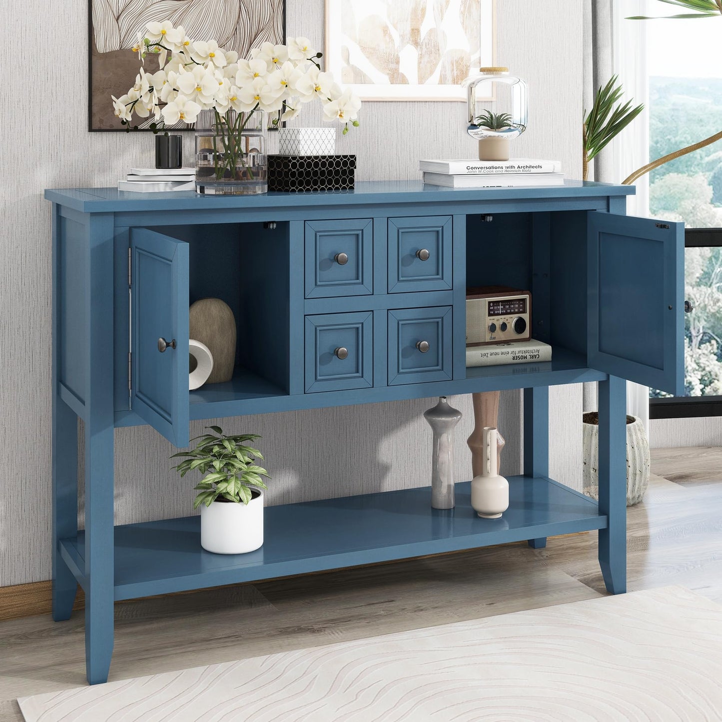 LKTART Farmhouse Sideboard Buffet Cabinet,Solid Wood Sideboard with Storage Drawers and Bottom Shelf,Coffee Bar for Entryway Hallway Foyer,Easy Assembled (46.5" Brown