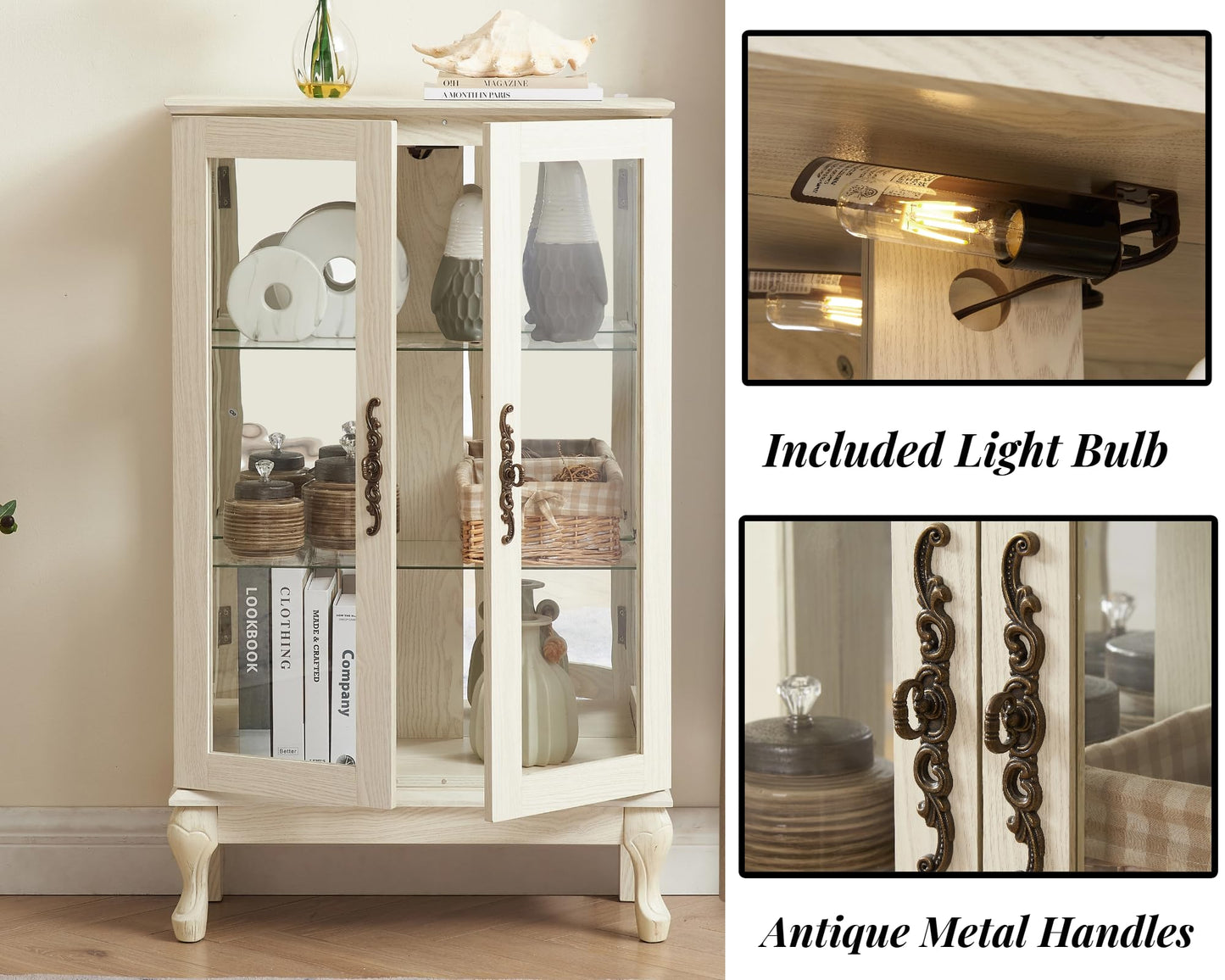 LKTART Curio Glass Display Cabinet,Storage Cabinet with Lights and Mirrored Back Panel,China Cabinet with Tempered Glass Doors and Shelves,Collectible Display Shelf,Included Bulb White