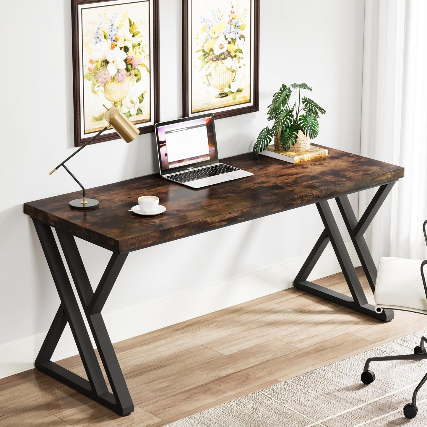 Tribesigns Modern Walnut/White 55" Heavy Duty Computer Desk, Study & Work Desk, 23.6"D x 55.1"W x 29.5"H, Z-Shaped Metal Legs, 330 lbs Capacity