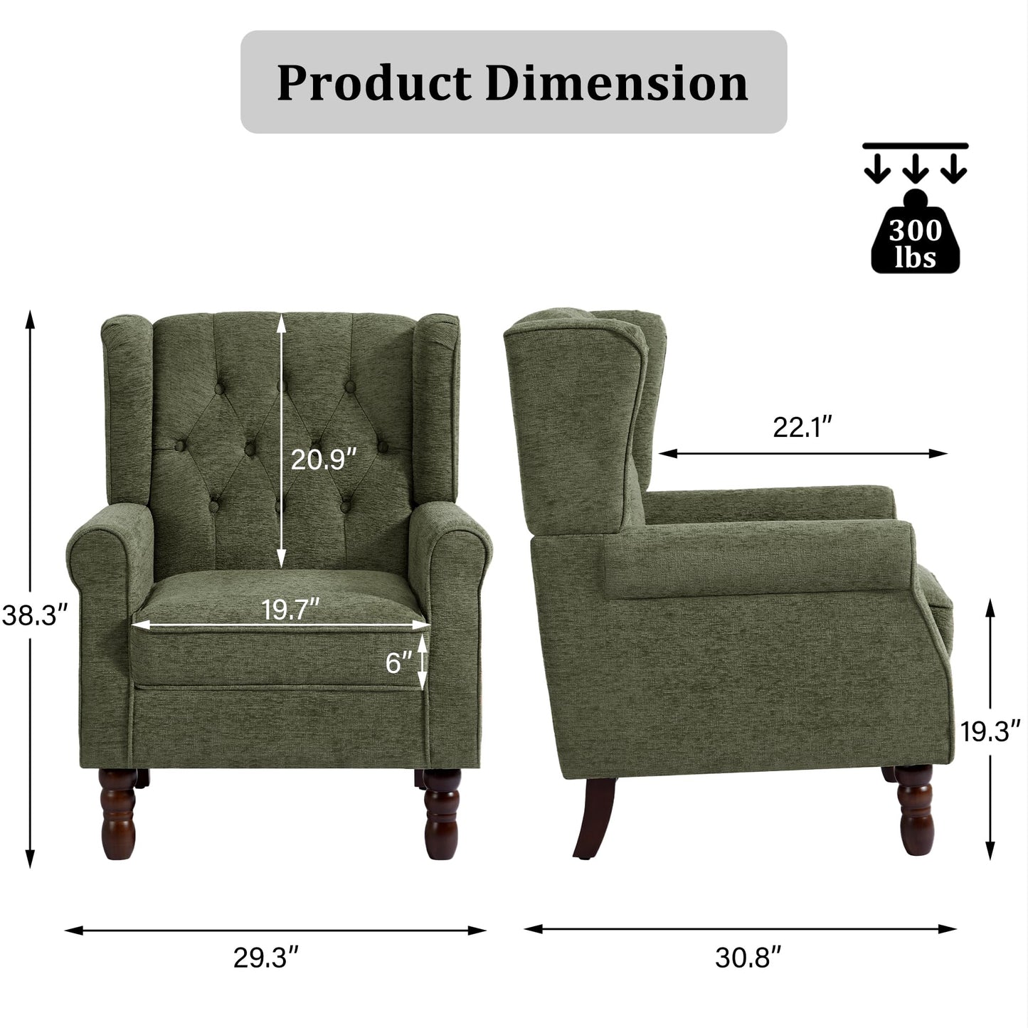 Faux Leather Wingback Chairs Set of 2, High Back Accent Chair for Living Room, Button-Tufted Upholstered Armchair with Solid Wood Legs, Comfy Reading Chair for Bedroom, Brown