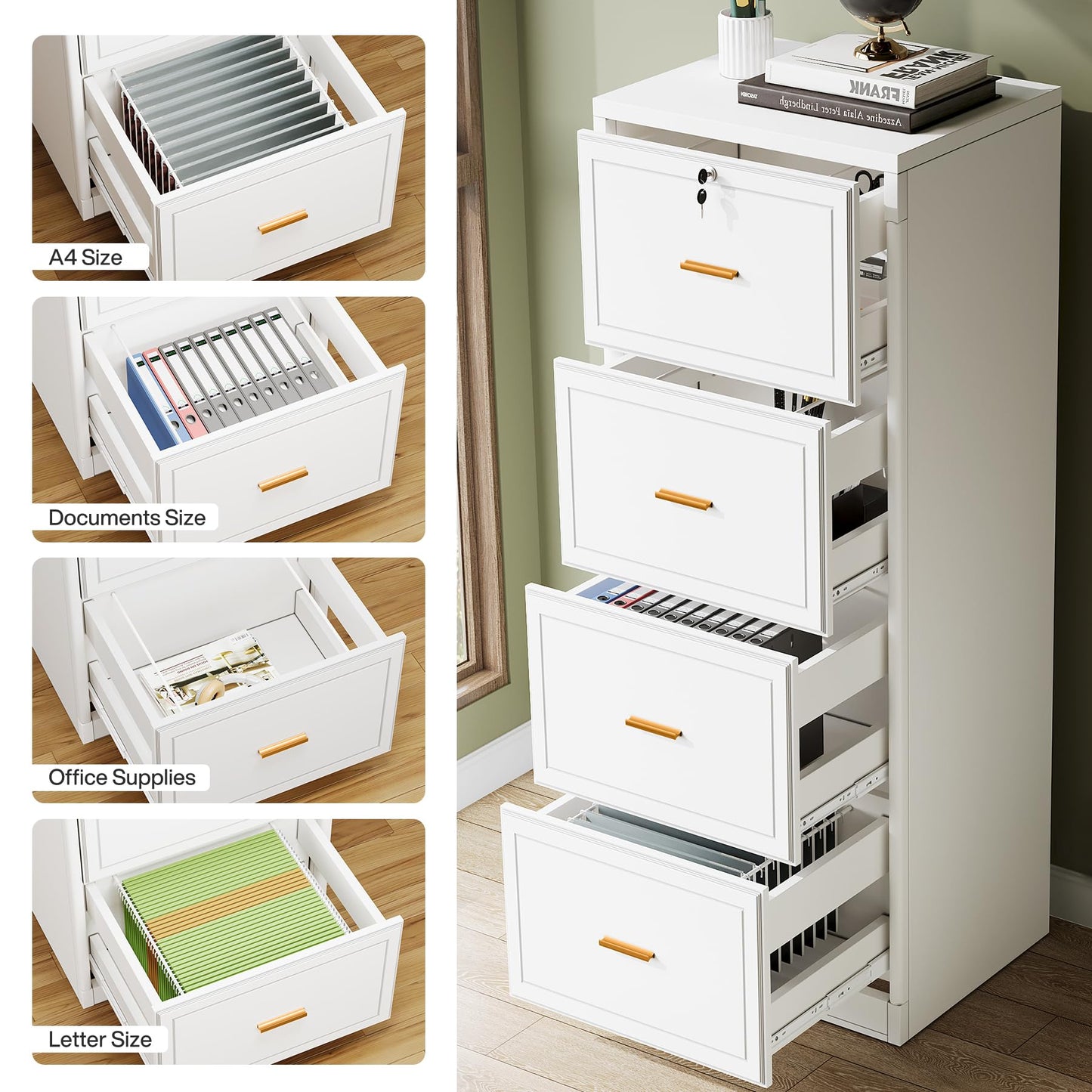 Tribesigns 4-Drawer File Cabinet with Lock, Locked File Cabinet with Key, Tall Wooden Filing Cabinets for Home Office, Vertical Office Storage for Legal Size/Letter/A4/Files, Brown