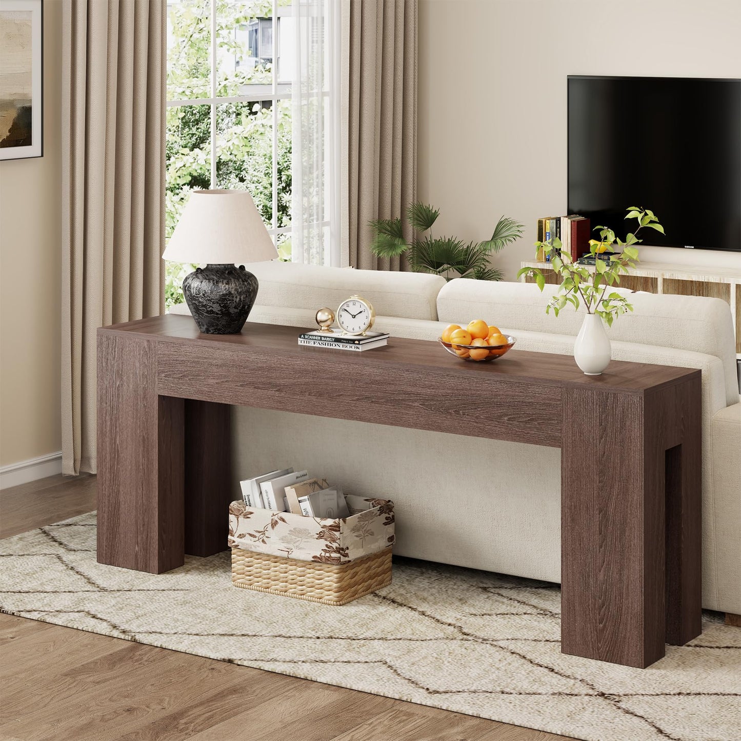 Epecoya Extra Long Sofa Console Table for Entryway Living Room, 79-Inch Farmhouse Wood Behind Couch Table, Rectangular Accent Console with Wooden Double Base for Hallway Foyer Entrance, Natural Oak