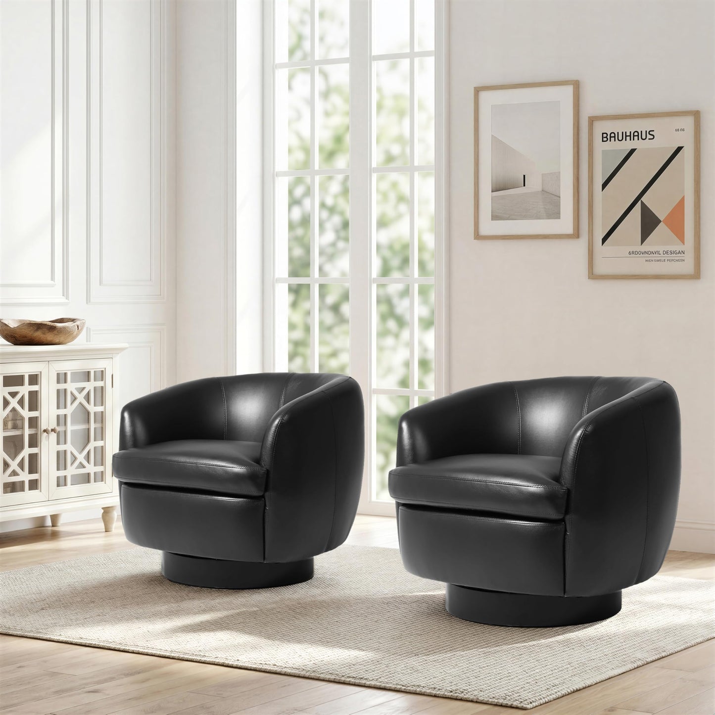 Faux Leather Swivel Barrel Chair, Modern Round Swivel Accent Chair with 360° Rotation, Upholstered Armchair Club Chair for Living Room Bedroom Office (Light Brown)