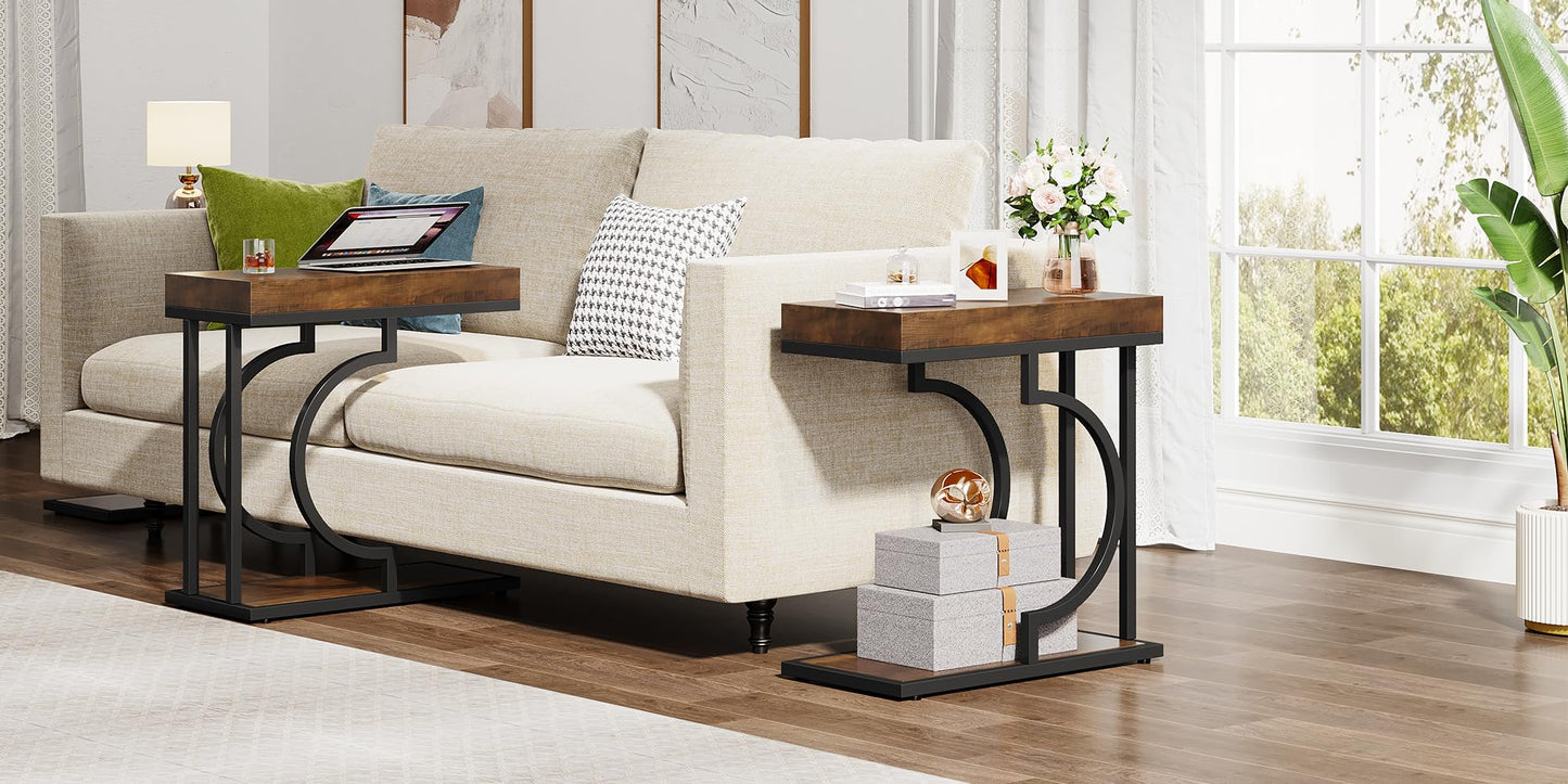 Tribesigns Narrow Side Table for Couch, C Shaped End Table with Metal Frame, Modern Bedside Tables, Small Sofa Tables for Small Spaces, Living Room (1, Brown+Black)