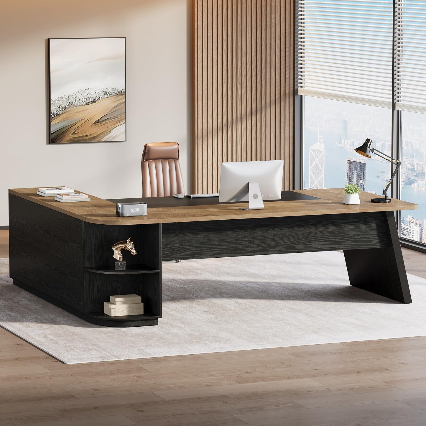 Tribesigns 79-Inch Executive Desk, Large Office Desk with Cabinet, L-Shaped Compter Desk with Storage Shelves, Writing Table for Home Office, Brown and Black
