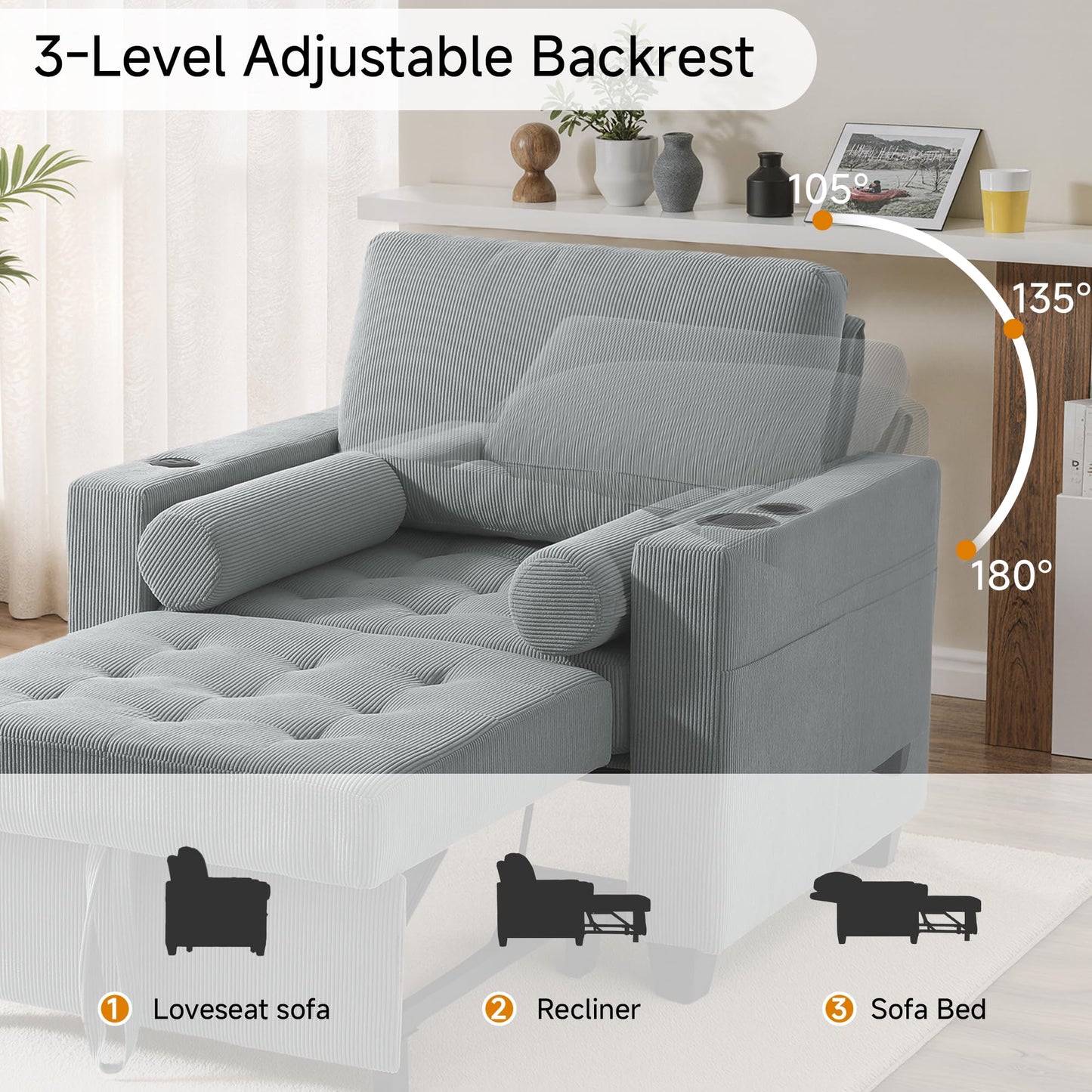 Sleeper Sofa Chair Bed, 3-in-1 Convertible Sleeper Chair with Pull Out Bed, Comfy Corduroy Sofa Bed Couch with Reclining Adjustable Backrest, USB Ports, Cup Holder, Side Pocket (Gray, 38.8")