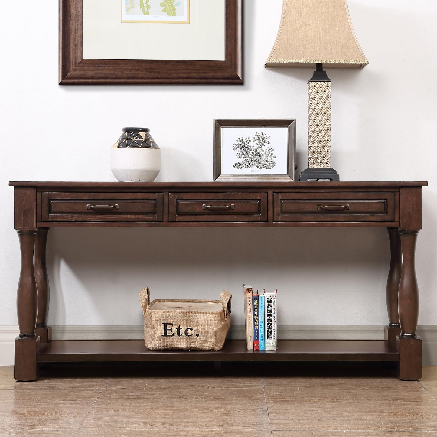 LKTART Solid Wood Console Table for Entryway,Long Sofa Table with 3 Drawers and Bottom Shelf for Hallway,Foyer,Entry,Easy Assembled (63" Light Espresso)