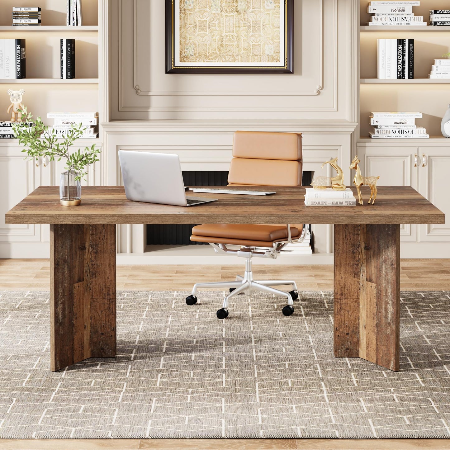 Tribesigns 63-inch Executive Desk, Vintage Home Office Computer Desk with Large Tabletop, Farmhouse Wood Writing Conference Table Workstation for Office, Study, Walnut Brown