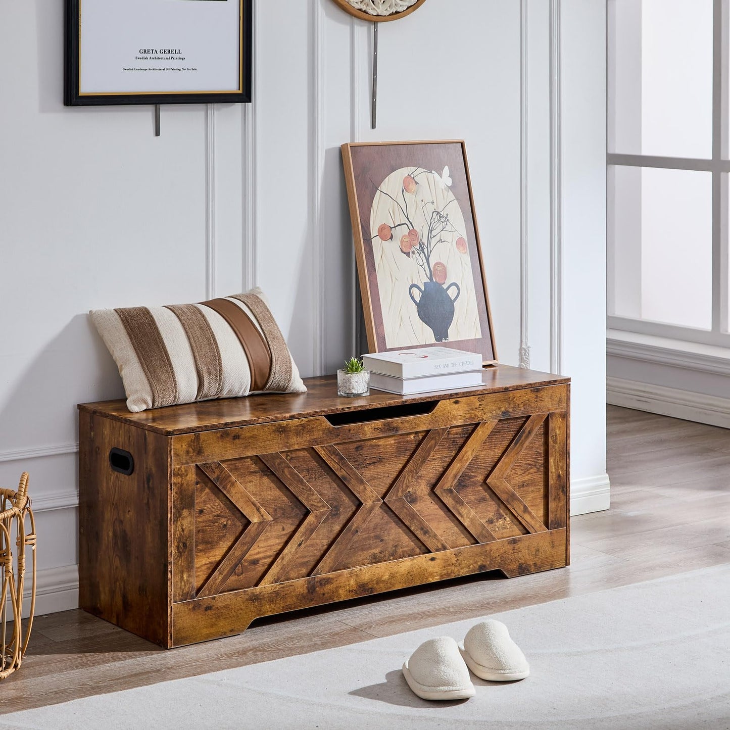 47.2” Storage Bench,Extra Large Wooden Storage Chest with 2 Safety Hinges,entryway Bench,Blanket Storage,Shoe Storage Bench for Entryway,Bedroom,Living Room,Easy Assembly.-Greige