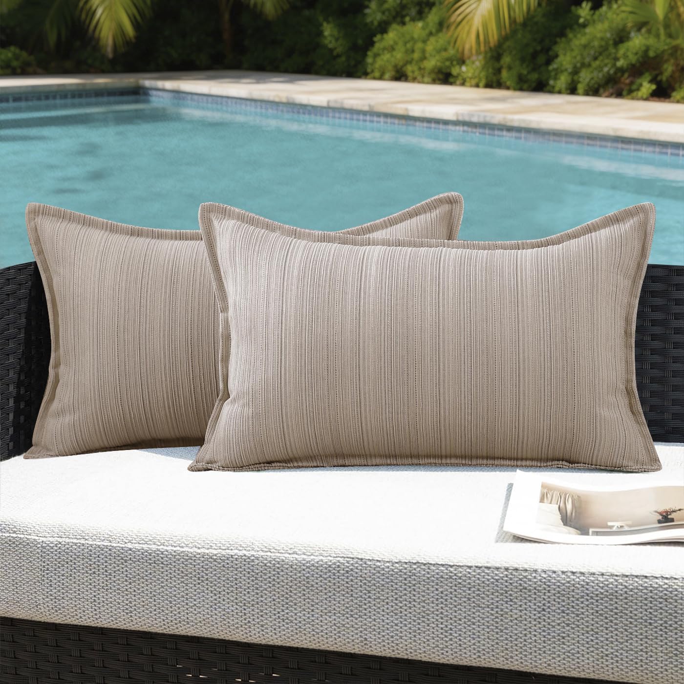 VAKADO Outdoor Waterproof Throw Pillow Covers 18x18 Set of 2,Chenille UV Decorative with Hem Patio Furniture Cushion Cases Decor for Bench Garden Tent Chair Seat Porch Couch,Stripe Beige