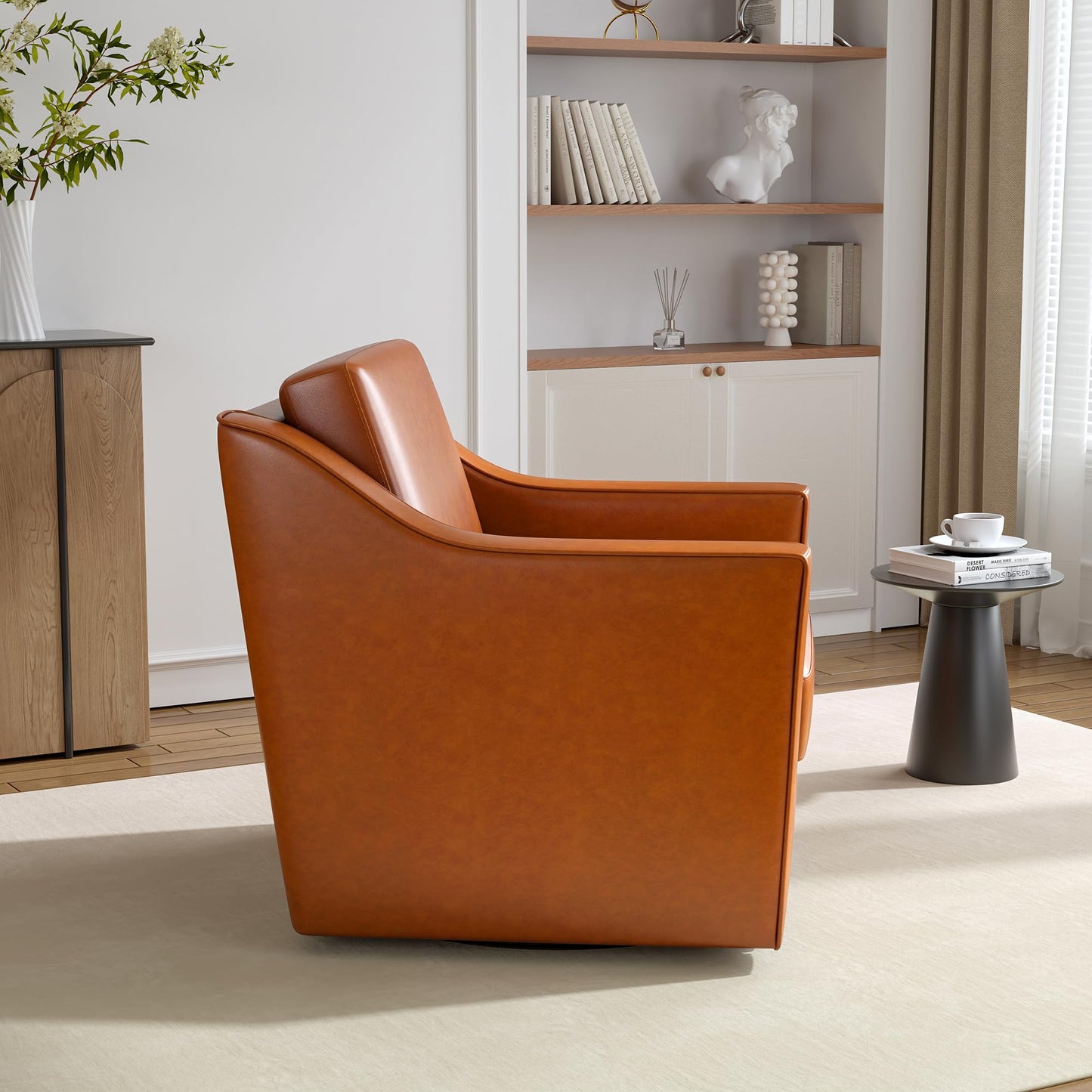 Swivel Accent Chairs Set of 2, 360° Swivel Upholstered Faux Leather Club Armchairs for Living Room, Comfy Single Sofa Reading Chair with Deep Seat, Metal Swivel Base, Coffee