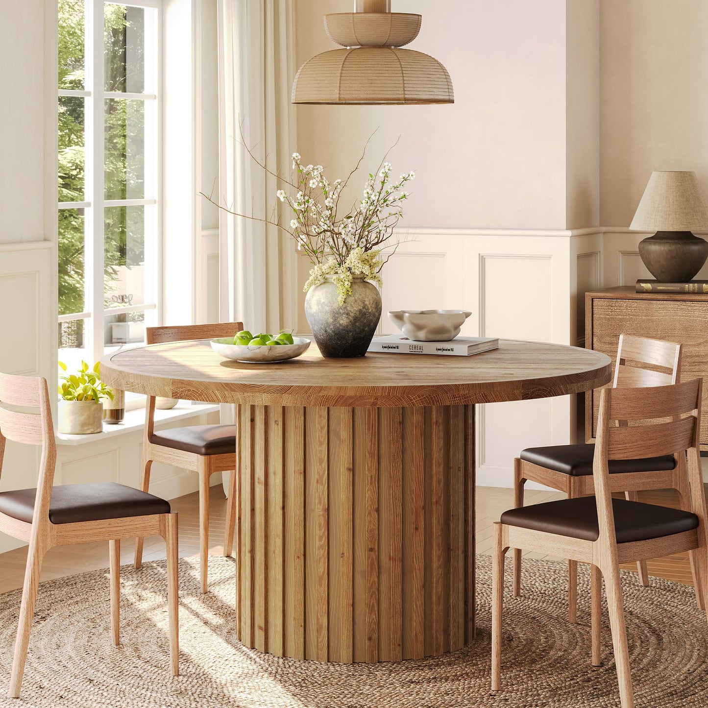 47" Solid Wood Dining Table for 4-6, Farmhouse Round Kitchen Table with Striped Pedestal Base, Circle Wooden Dining Room Furniture for Kitchen Living Room, Wood Tabletop+MDF Pedestal Base