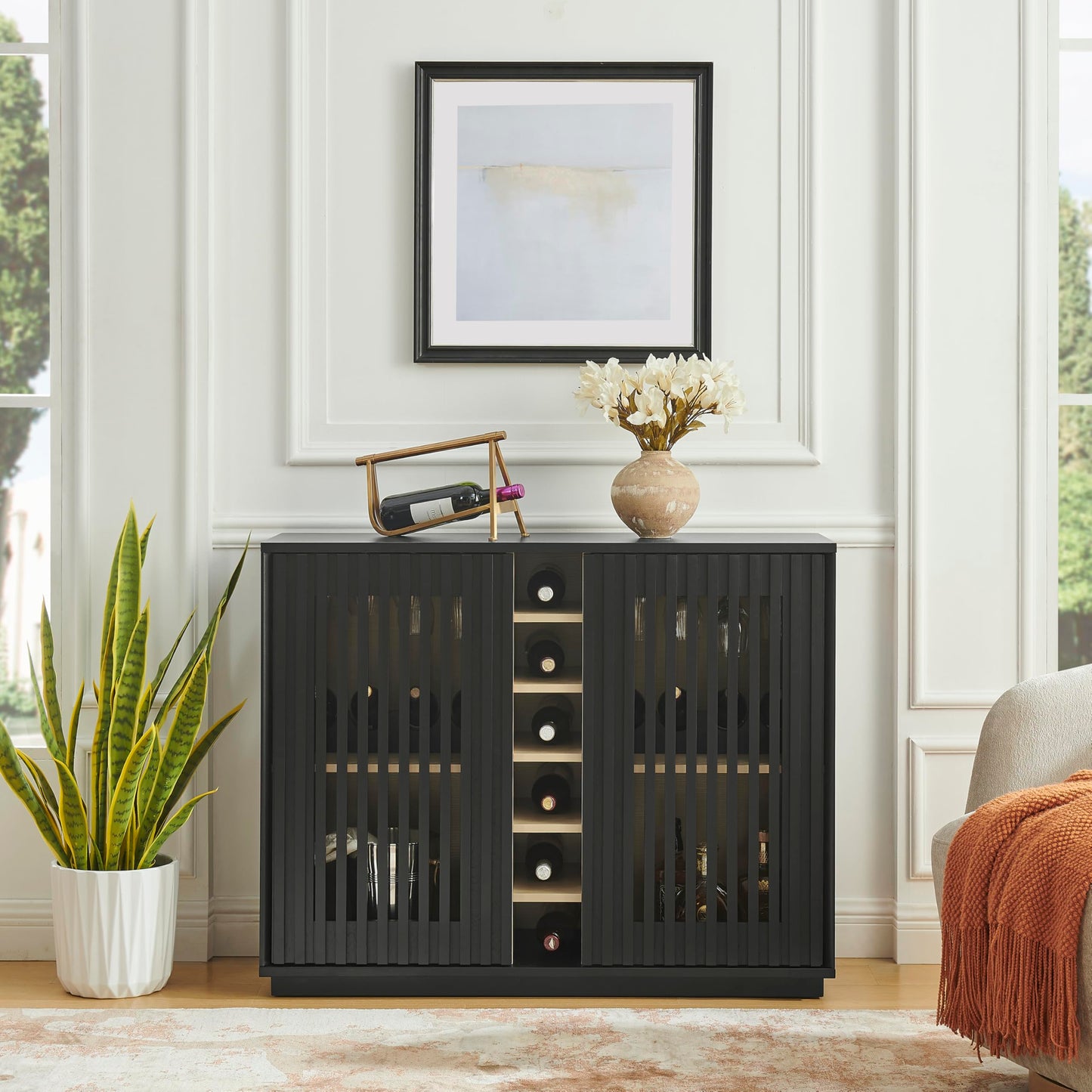 LKTART Wine Cabinet & Coffee Bar with Bottle Holders & Stemware Racks,Liquor Cabinet with Open Storage and Built-in Door Shelves,Bar Cabinet with Solid Wood Legs and Adjustable Shelf