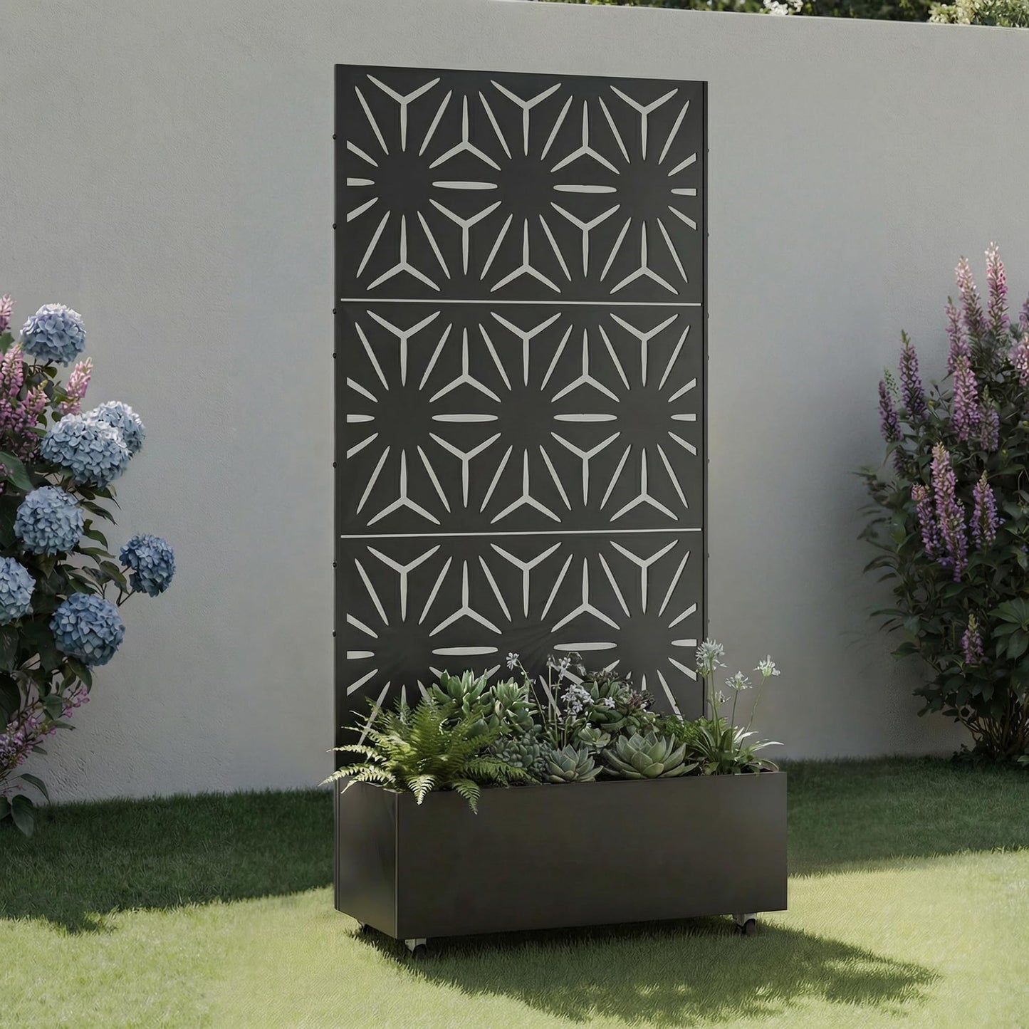 Metal Raised Garden Bed with Trellis and Wheels, 71"x47"x16" Planter Box with Privacy Screen & Drainage Holes, Arched Outdoor Garden Bed for Climbing Plants, Vegetables, Flowers (Black-Square)