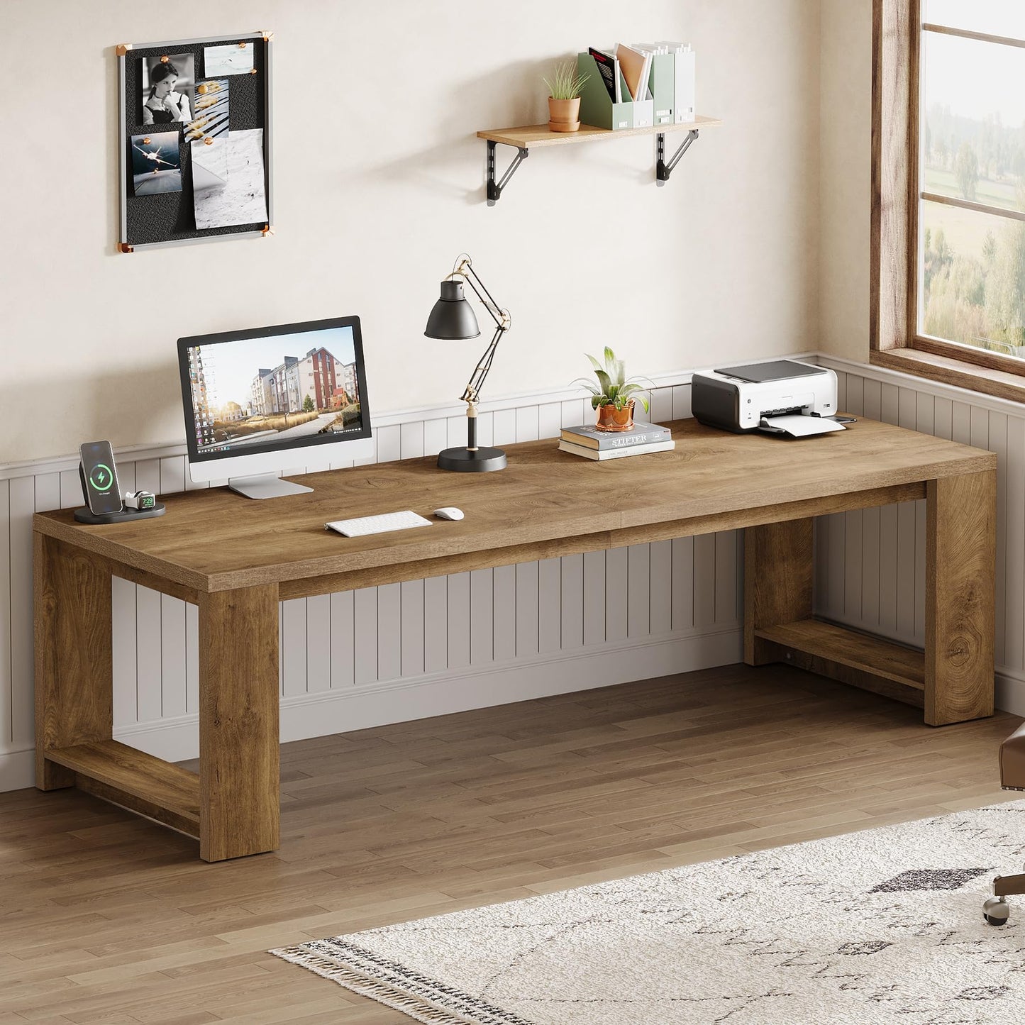 Tribesigns Two Person Desk, 86.6 Inches Extra Long Desk, Double Computer Writing Table, Wood Large Desks Workstation for Home Office, Natural Wood