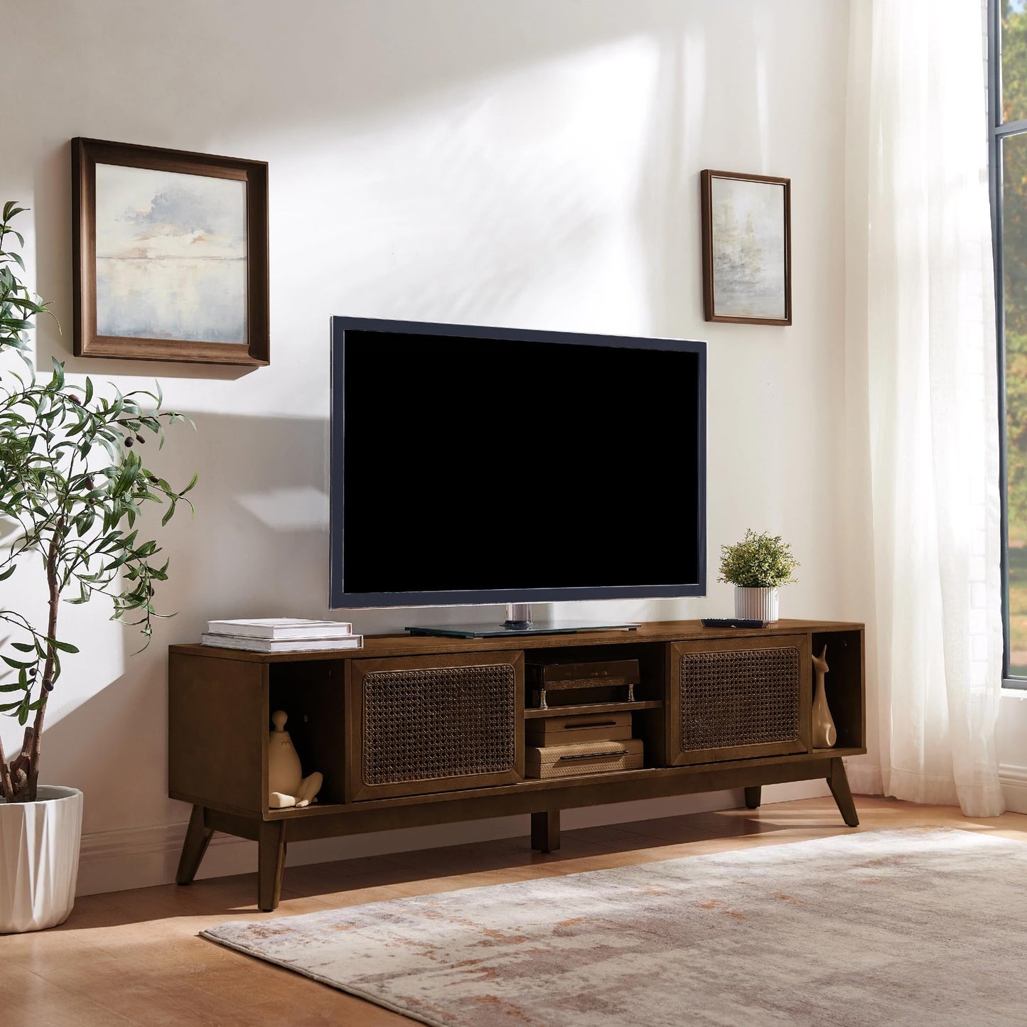 LKTART Mid Century Modern Rattan TV Stand for 65 Inch TV,59" Boho Media Console with Sliding Doors & Open Shelves,Solid Wood Legs for Living Room,Light Walnut