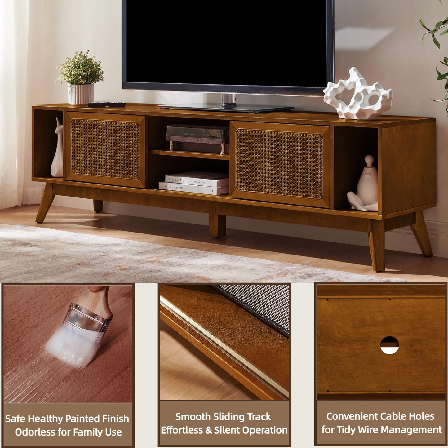 LKTART Mid Century Modern Rattan TV Stand for 65 Inch TV,59" Boho Media Console with Sliding Doors & Open Shelves,Solid Wood Legs for Living Room,Light Walnut