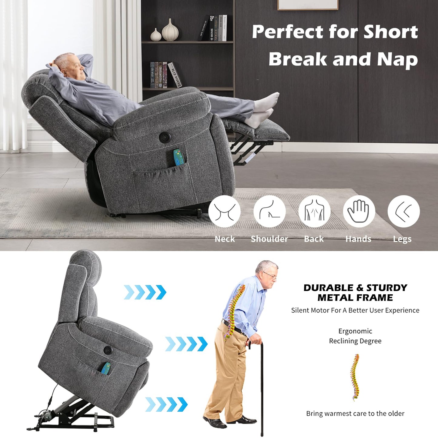 IOMOR Large Power Lift Recliner Chair for Elderly with Massage and Heat, Electric Lift Recliner Single Sofa with with 2 Cup Holders, Side Pocket & USB Charge Port for Living Room (1, Dark Gray)
